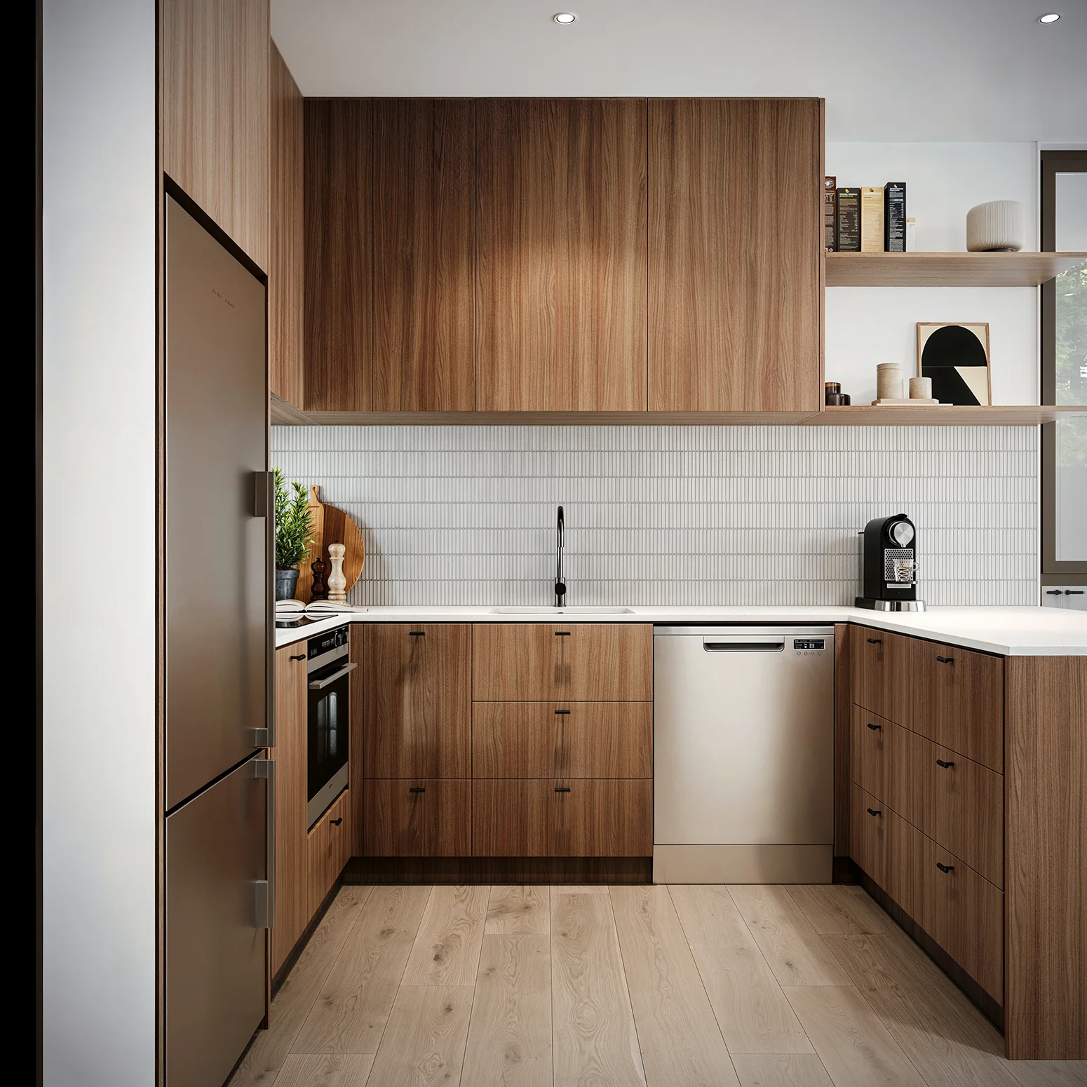 Modern kitchen with wood cabinets, light wood floor, stainless steel fridge and dishwasher, and white tiled backsplash.
