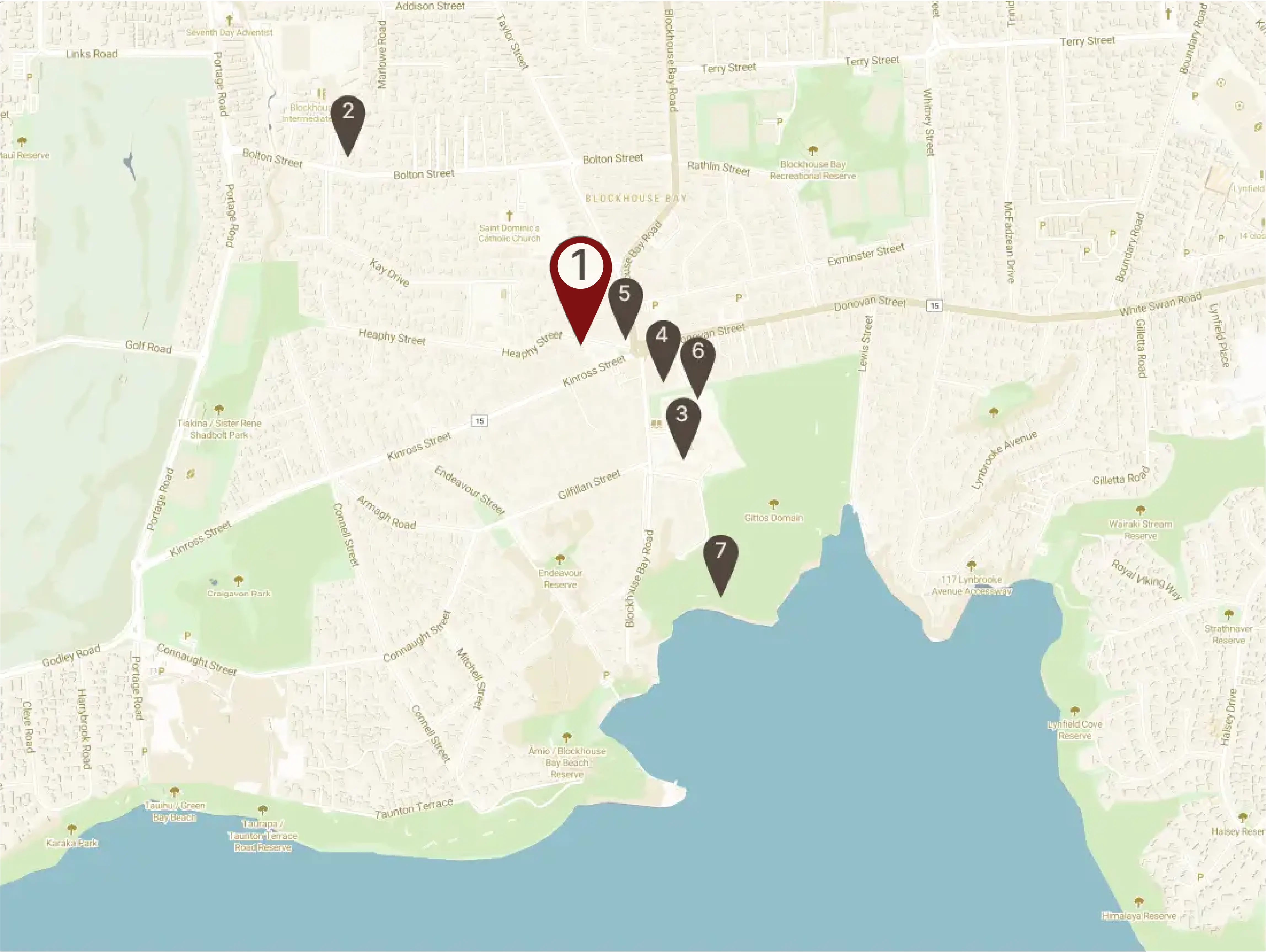 Map of Maidstone with numbered location markers and parks near a bay on the coast.