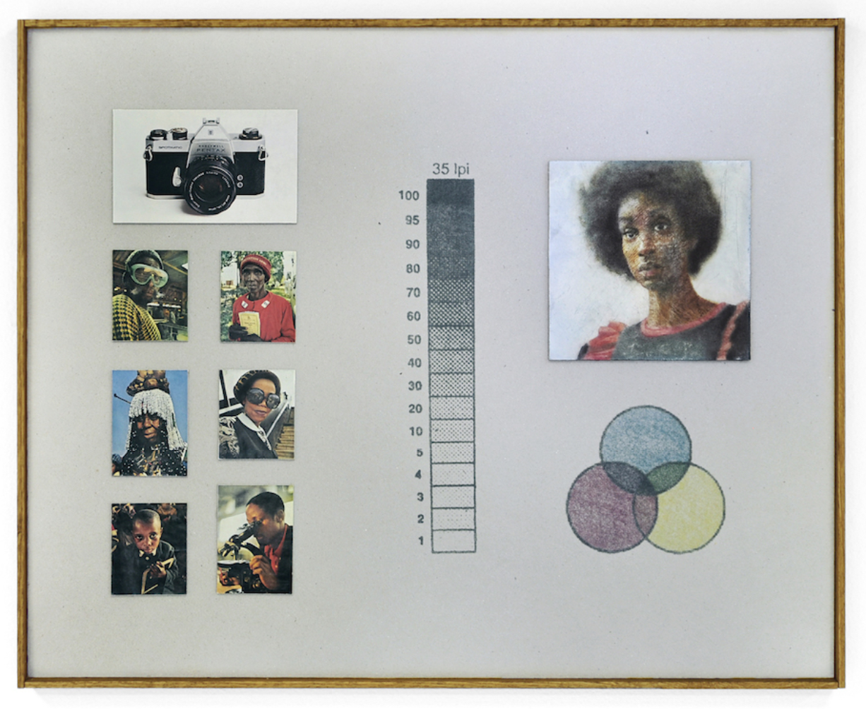 Rubber Factory, Lyndon Barrois Jr., Untitled (Kinkfolk), 2017, Magazine clippings, oil on canvas, solvent transfer, chipboard , oak frame, 20 x 25 in, 50.8 x 63.5 cm