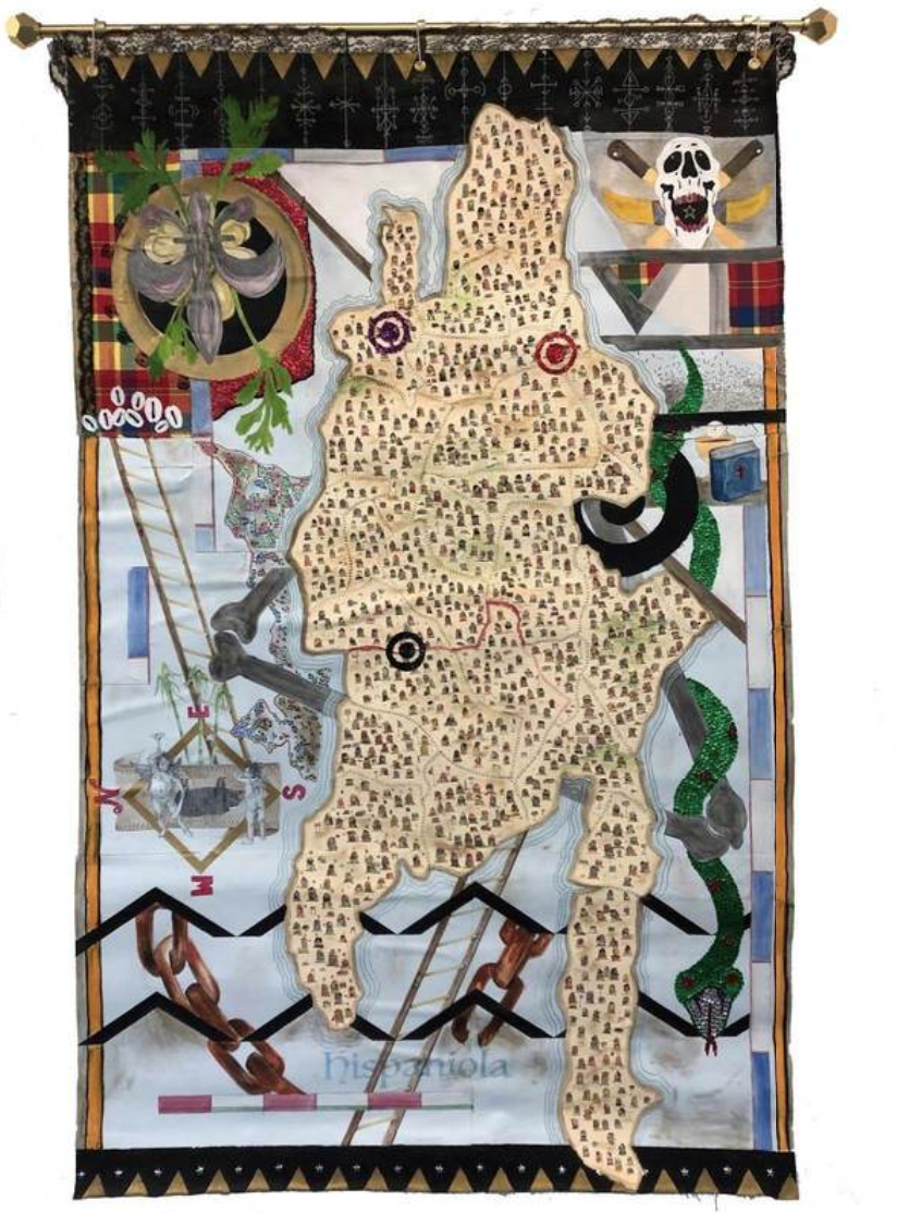 SAMSØÑ, Nyugen E. Smith, Bundlehouse Borderline No. 6 (_emembe_), 2018, Pen and ink, watercolor, thread, colored pencil, acrylic, graphite, gesso, metallic marker, tea, Diaspora oil, sequins, oil pastel, fabric, lace, canvas on paper, 85 x 54 x 3 in…