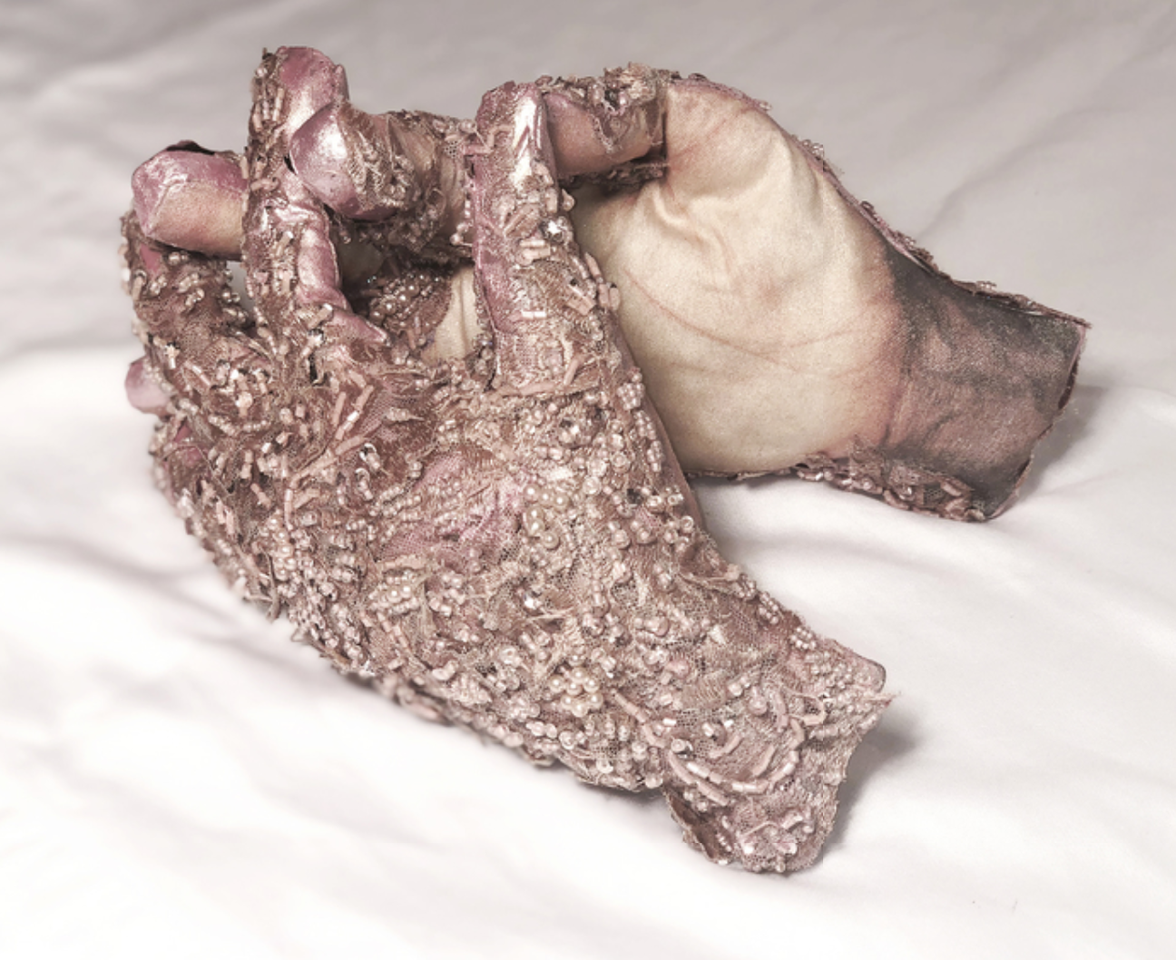 SAMSØÑ, Elia Alba, Gentle Warrior, 2019, Silk screen transfer on fabric, French lace with pearls, thread, wire, poly-fil, zipper, acrylic, 6 x 8 x 10 in, 15.2 x 20.3 x 25.4 cm