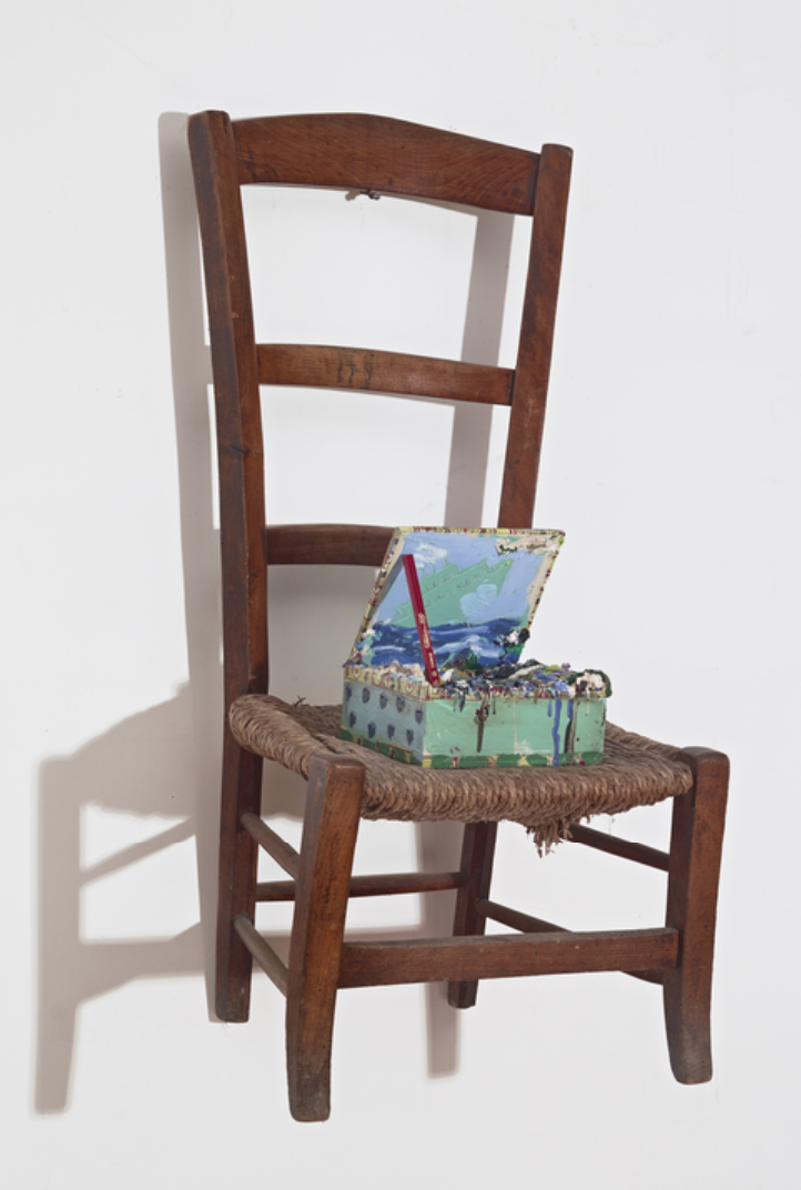 RUSCHMAN, Squeak Carnwath, Chair with Box, 2017, Wooden chair, cigar box with recycled paint, straw, and pencil, 33 x 19 x 14 in, 83.8 x 48.3 x 35.6 cm