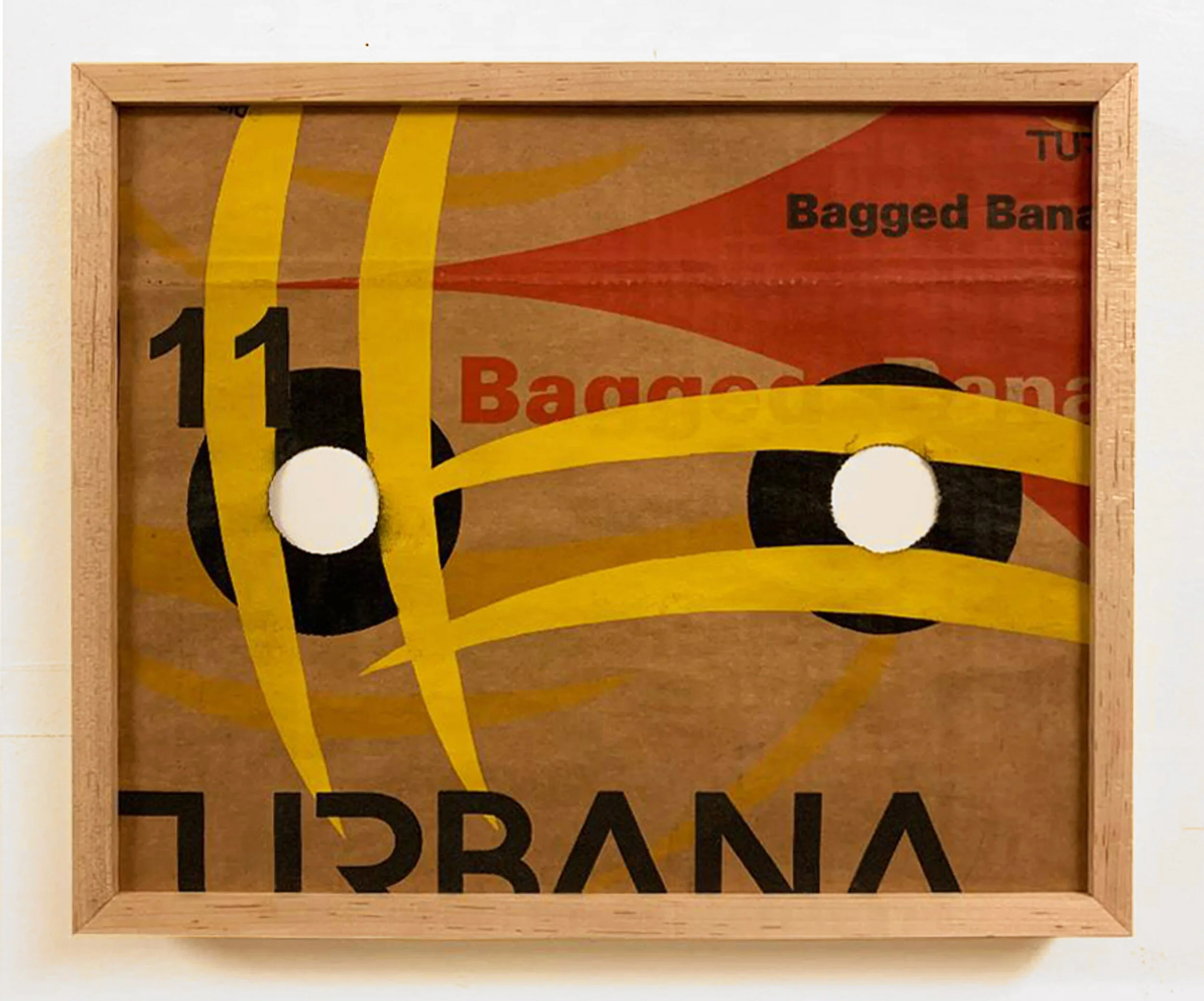 Elijah Wheat Showroom: Clive Murphy, Urbana, 2019, Deconstructed found cardboard, industrial ink, spray paint & hard maple lacquered frame w/ UV Plexi., 11 1/2 × 13 3/4 × 1 1/2 in, 29.2 × 34.9 × 3.8 cm