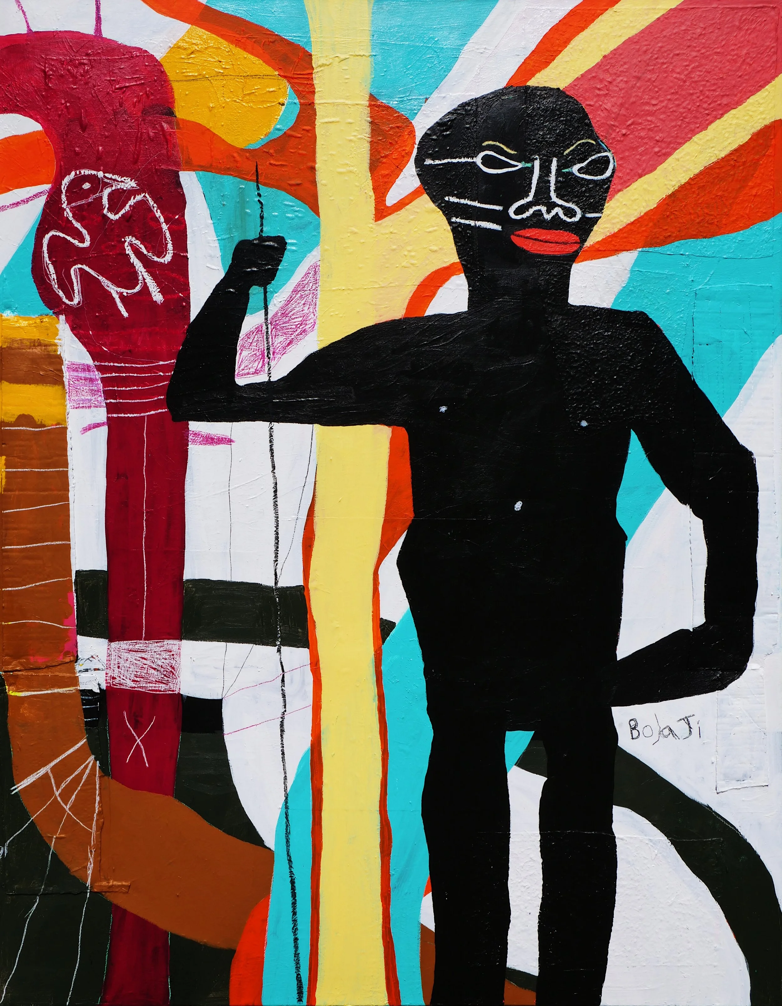 Adébayo Bolaji, The Crossover, 2020, Acrylic, Cardboard, Glitter, Graphite, Crayon, Fabric, Oil Paste and Lotta Natural Paper on Coarse Grain Jute, 80 7/10 × 65 in, 205 × 165 cm, Courtesy of Beers London and the artist.