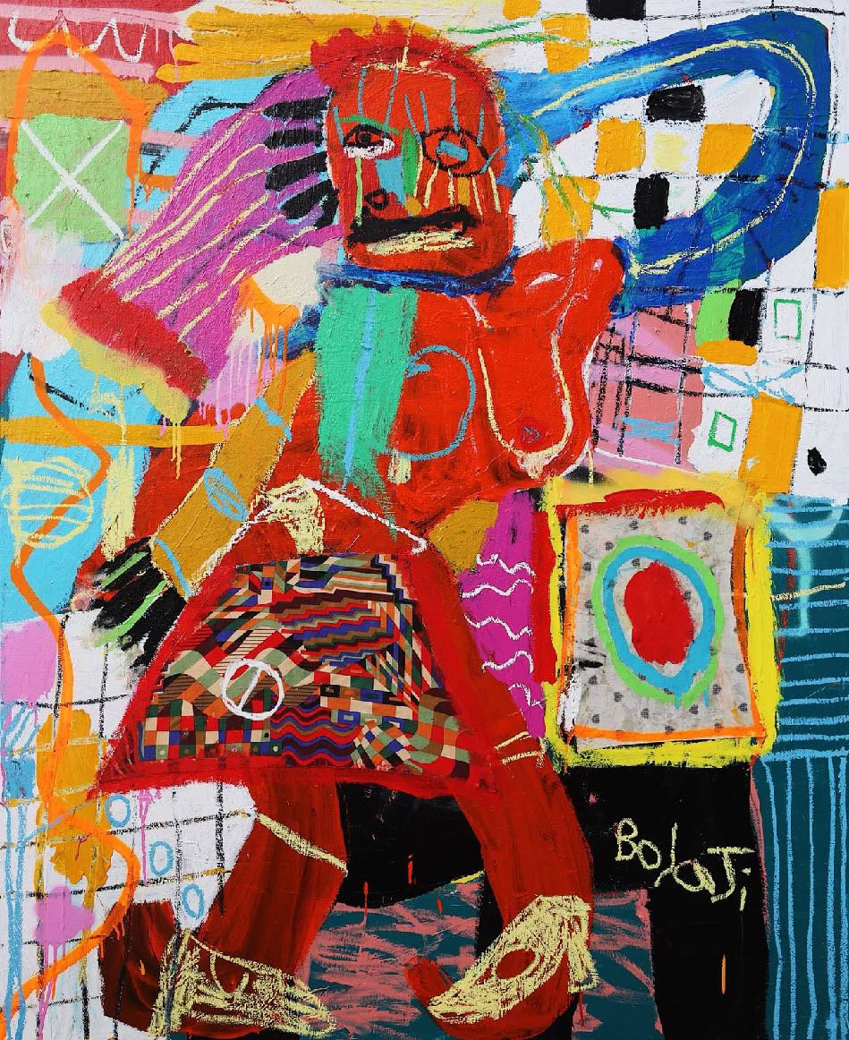 Adébayo Bolaji, In Her Shoes (2018), Mixed Media and Collage on Coarse Jute, 160x130cm, Courtesy of Beers London and the artist.