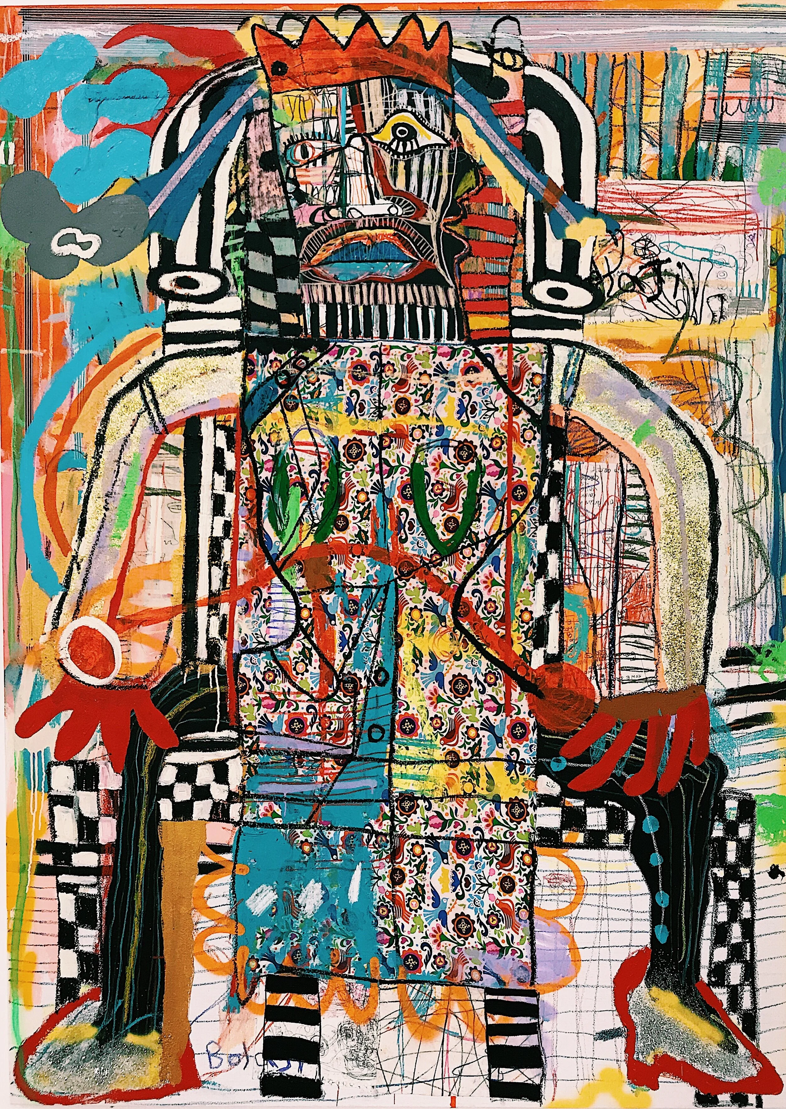 Adébayo Bolaji, Discovery (2019), Mixed Media and Collage on Coarse Jute Canvas, 195x140cm, Courtesy of Beers London and the artist.