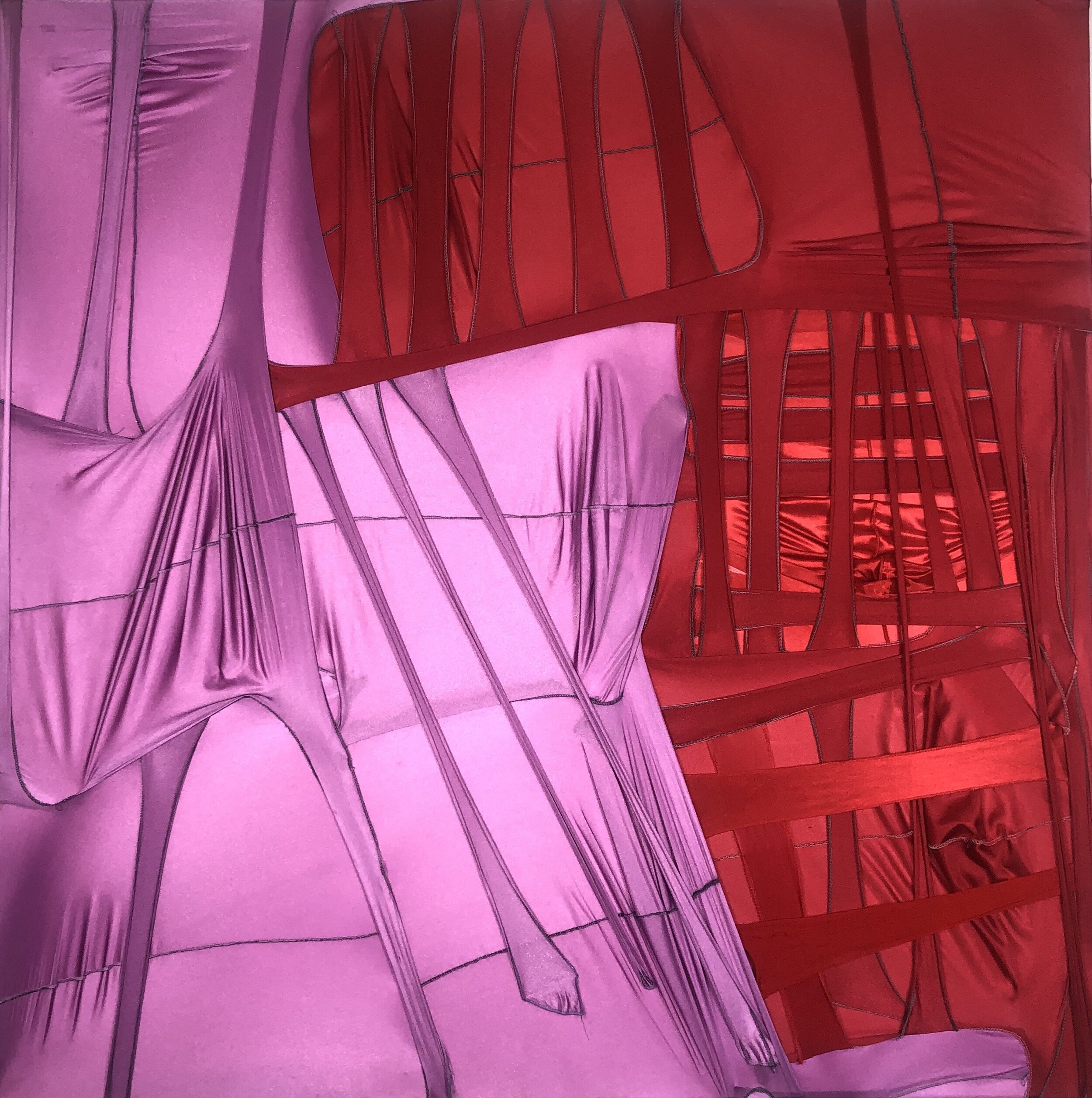 Anthony Akinbola, CAMOUFLAGE #014 (Valentino) 2020 Du-rags and acrylic on wood panel 48 x48 in, Courtesy of Slag Gallery and the Artist.