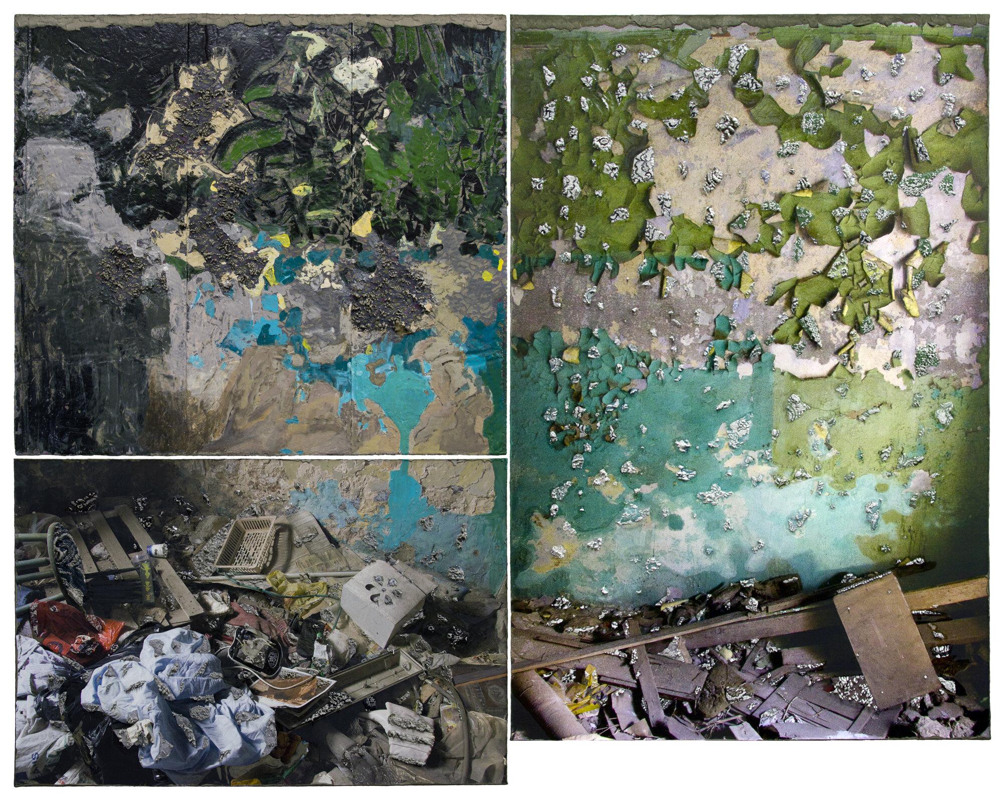 Naomi Safran-Hon, When Our Walls Were Green It Was All Different, 67 x 84.5 in, acrylic, gouache, cement, archival ink jet and lace on canvas, 2019, Courtesy of Slag Gallery and the artist.