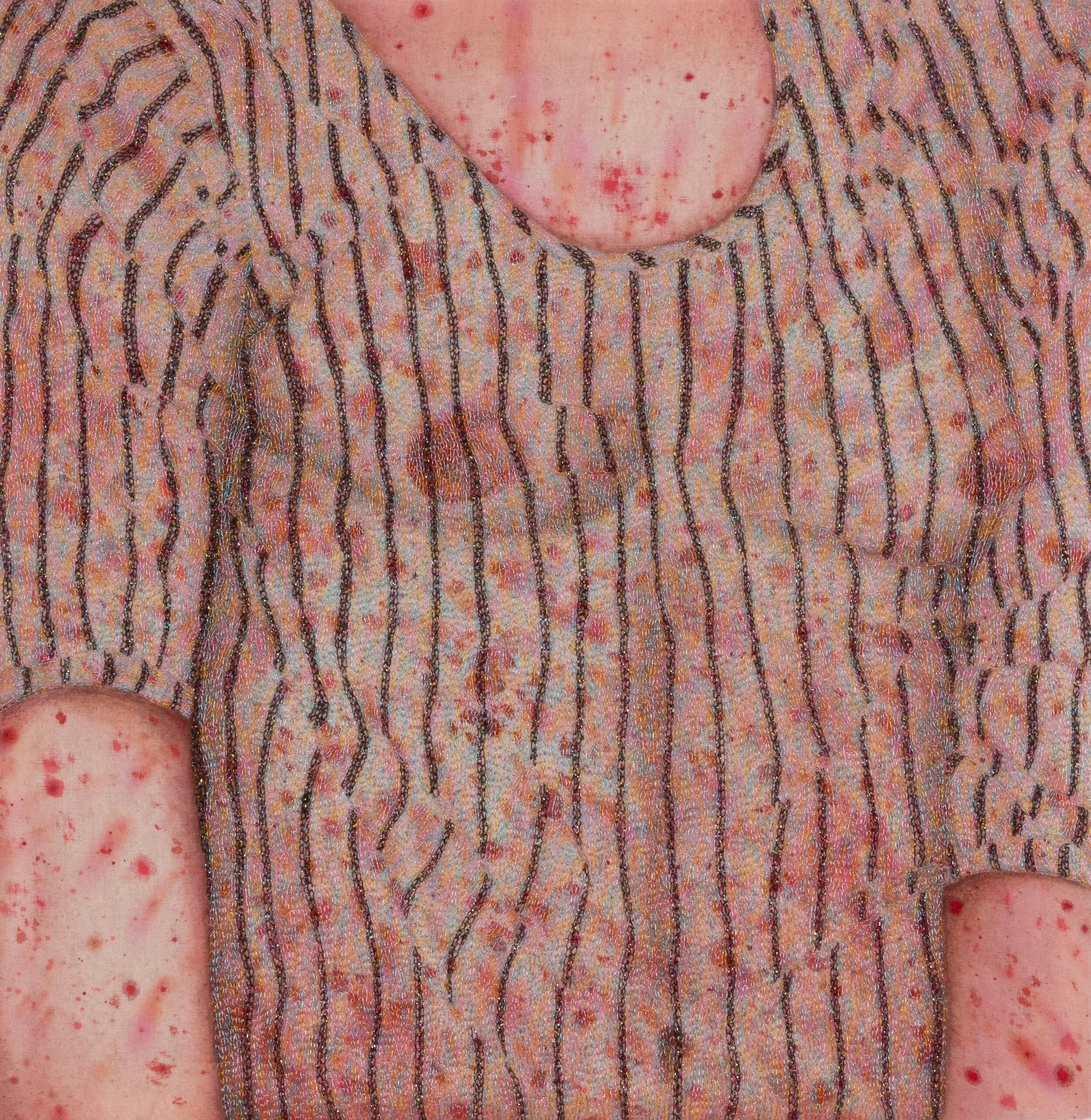 Katarina Riesing, "Disco Fever”, 2019, Dye and embroidery on raw silk, 18h x 17.50w in. Courtesy of Asya Geisberg Gallery.