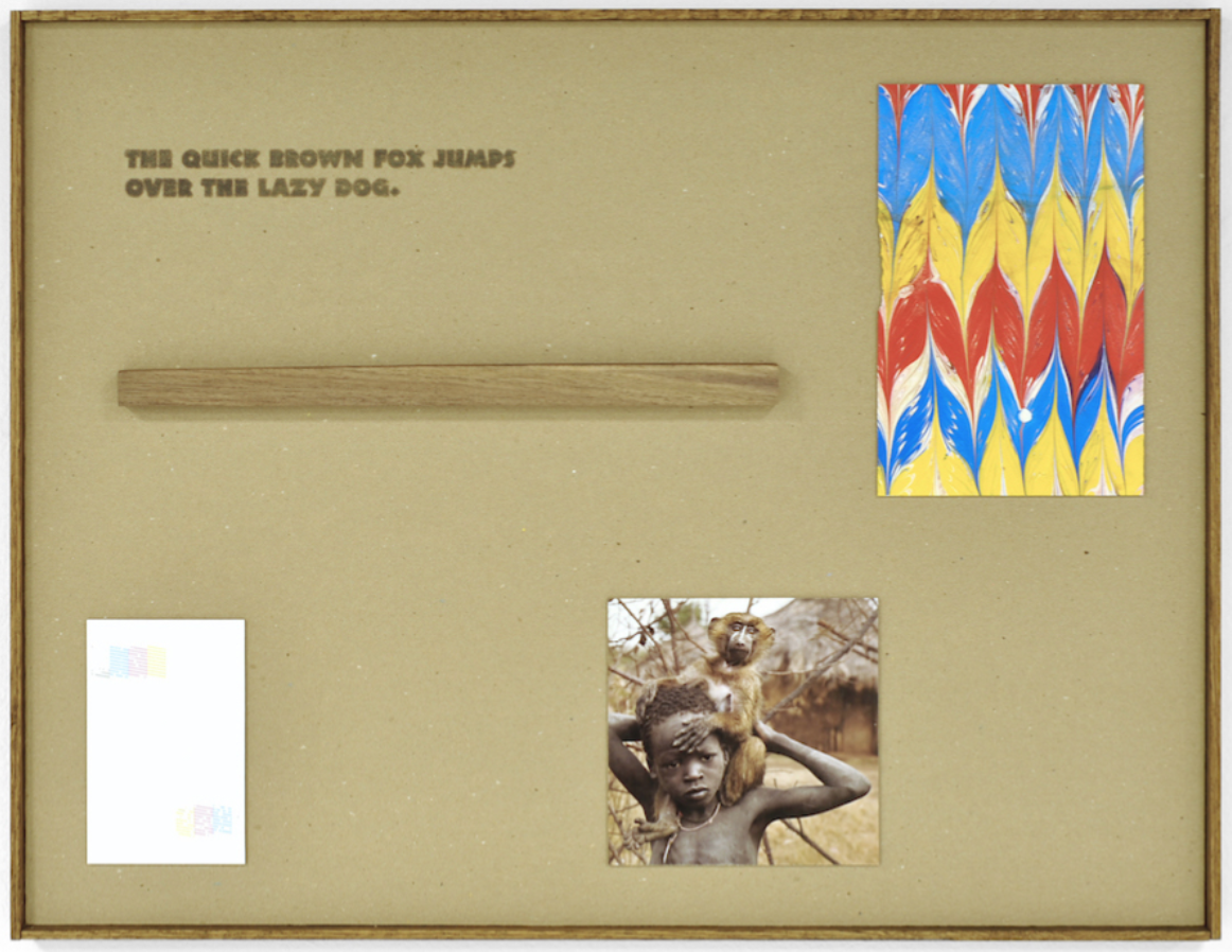 Lyndon Barrois Jr. Stereotypography (Neuland, Neuform), 2017 Magazine clippings, nozzle test sheet, solvent transfer, marbled paper, walnut wood fragment, chipboard, oak frame. 23 × 29 in 58.4 × 73.7 cm.  Courtesy of Rubber Factory