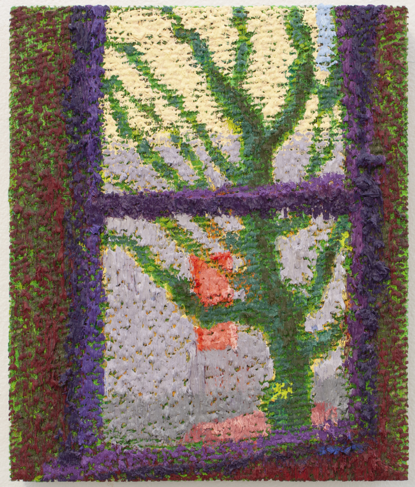 J.A. Feng Tree Window, 2018 Oil on burlap on panel 12 × 10 in 30.5 × 25.4 cm Courtesy of 12.26.