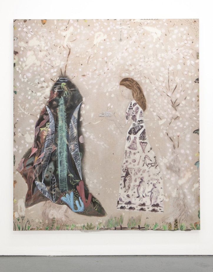Mari Eastman  The Girl Who Loved Insects 2015-2018, Flashe, oil, ink, glitter, and acrylic on linen,  84 × 74 in, 213.4 × 188 cm.  Courtesy of RUSCHMAN