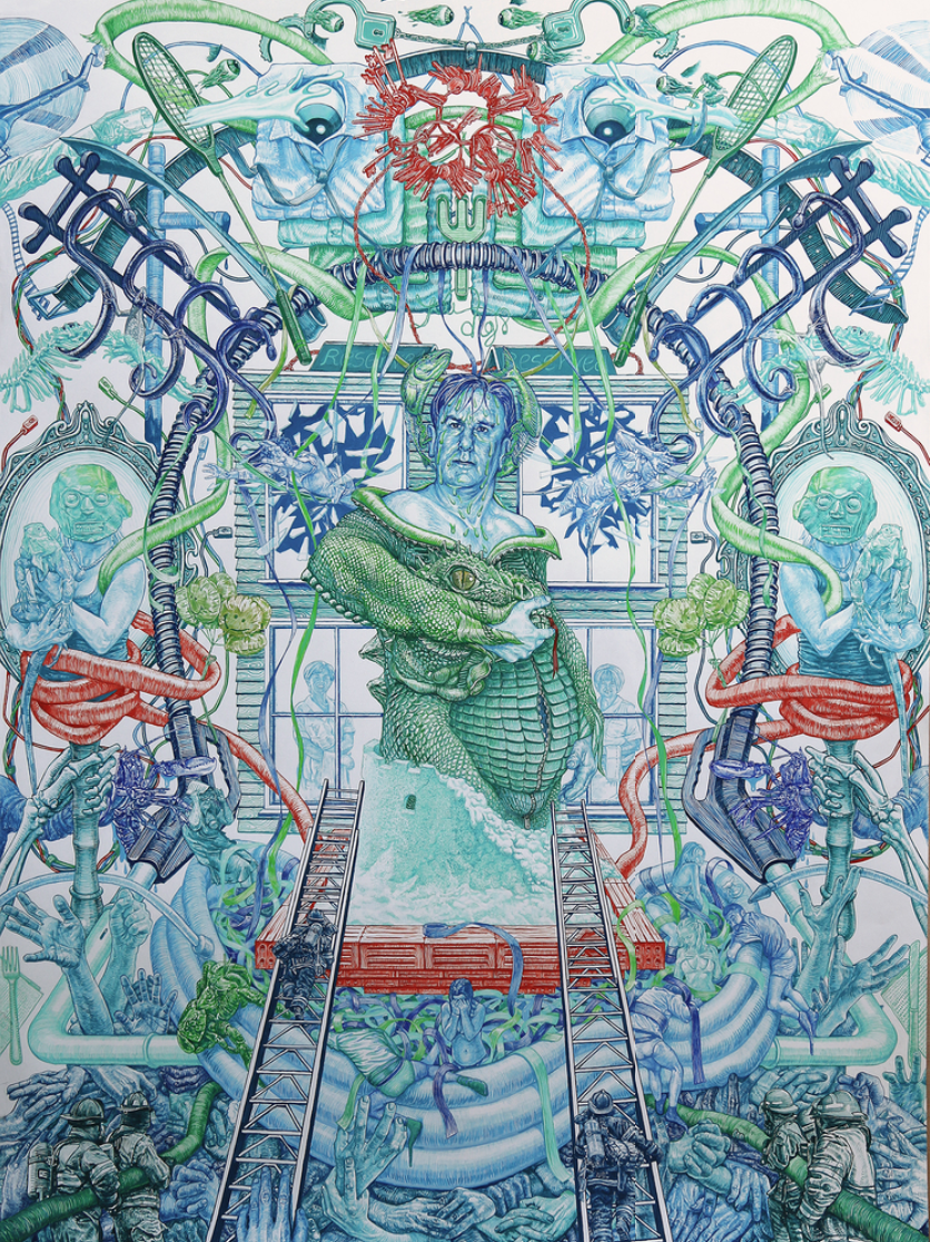 Elias Kafouros  One flew over the dragons nest (The NY St. George Experiment) 2014, Acrylic on Paper 59 4/5 × 44 1/10 in, 152 × 112 cm.  Courtesy of Dio Horia