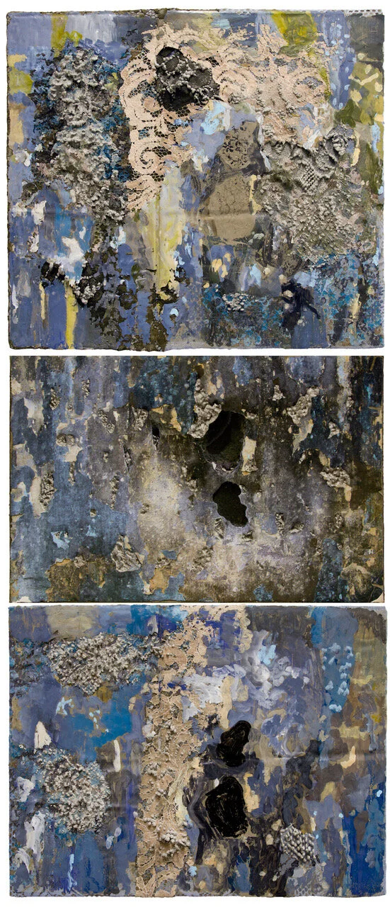 Naomi Safran-Hon Time to Forget and Forgive 2020, Acrylic, cement, lace and archival ink jet print on canvas, 49 × 21 × 4 in, 124.5 × 53.3 × 10.2 cm. Courtesy of Slag Gallery