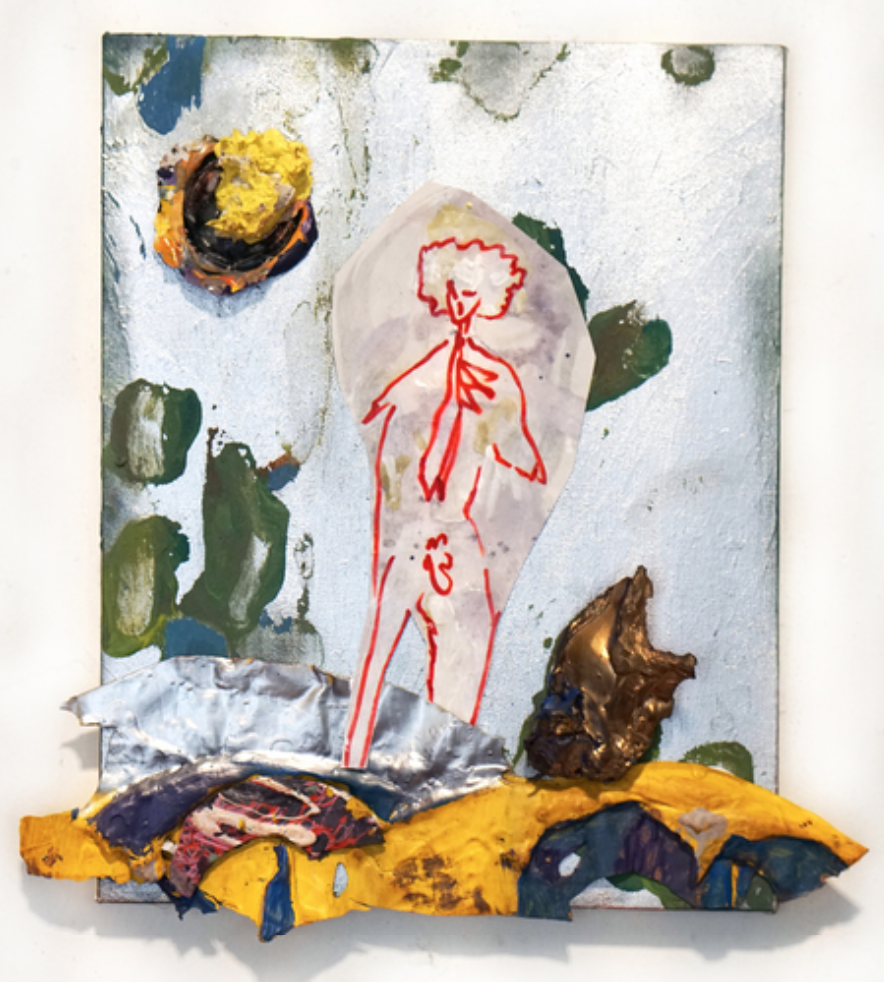 Pedro Vélez, Naked Man Faces Nature, 2019, Acrylic and sculpted acrylic on canvas with collage, 16 × 11 × 3 in, 40.6 × 27.9 × 7.6 cm. Courtesy of SEASON