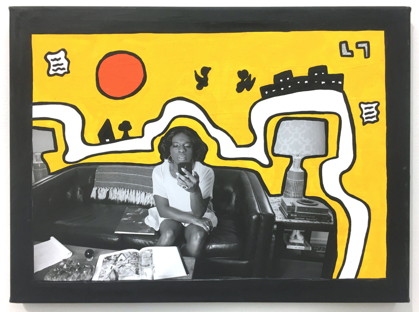 Kalup Linzy Brenna On The Phone, 2019, Gouache and photo collage on canvas, 12 × 16 in, 30.5 × 40.6 cm. Courtesy of Sean Horton (presents)