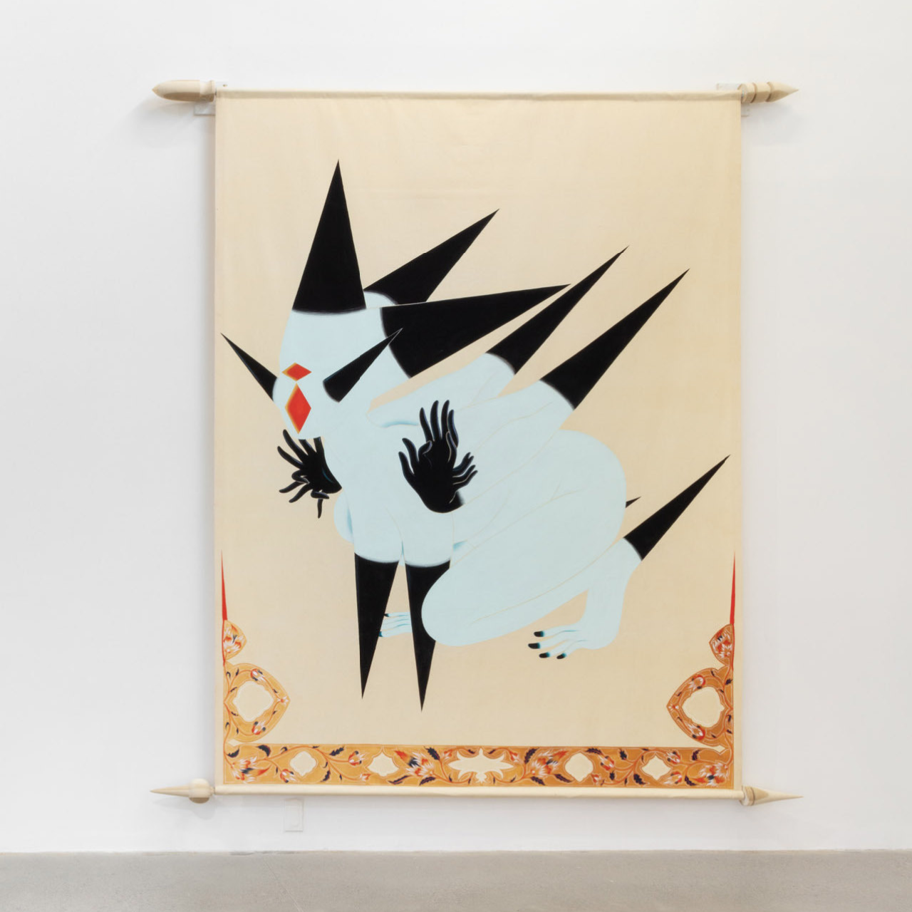 Rajni Perera Banner 2, 2018 Canvas, wood, steel, acrylic and acryl-gouache paint 96 × 96 × 36 in 243.8 × 243.8 × 91.4 cm Courtesy of Patel Brown