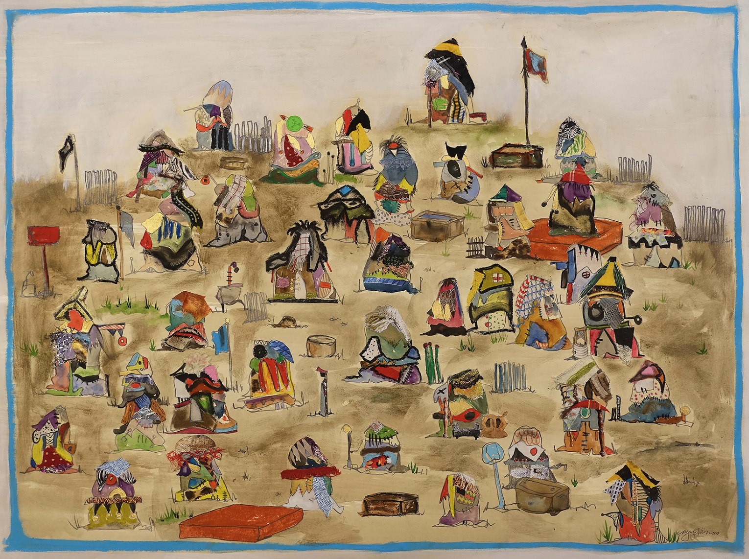 Nyugen E. Smith Bundlehouse Landscape (Four Flags), 2018 Mixed media, collage and diaspora soil on paper 24 × 32 in 61 × 81.3 cm Courtesy of Samsøñ