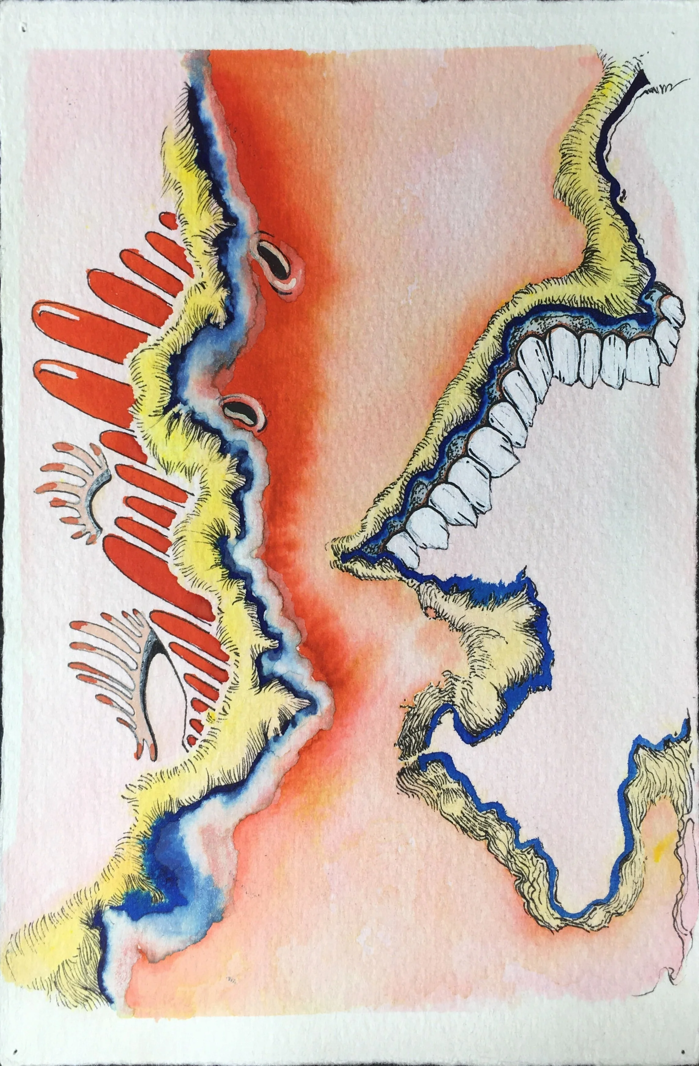 Lucia Love, Hair, Teeth and Nails (2014) Ink and watercolor on Fabriano paper, 6 x 4 in / 15.24 x 10.16cm. Courtesy of JDJ and the artist.