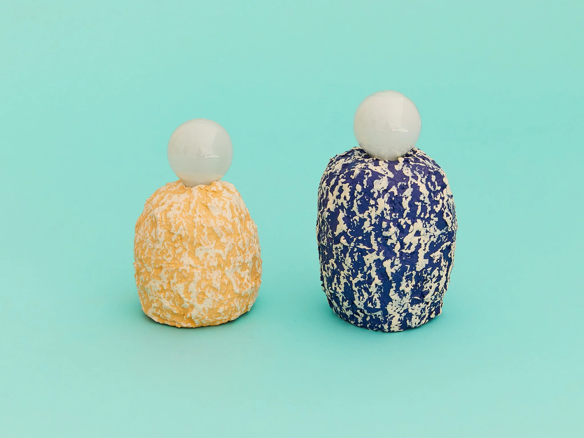 Hannah Bigeleisen Blob Lamp (Multi-Color) Papier-mache, lacquer, UL Listed lighting components, In-line cord switch. Available in two sizes: 4 x 4 x 7in (Small) or 4 x 4 x 10 in (Medium). Courtesy of Hannah Bigeleisen.