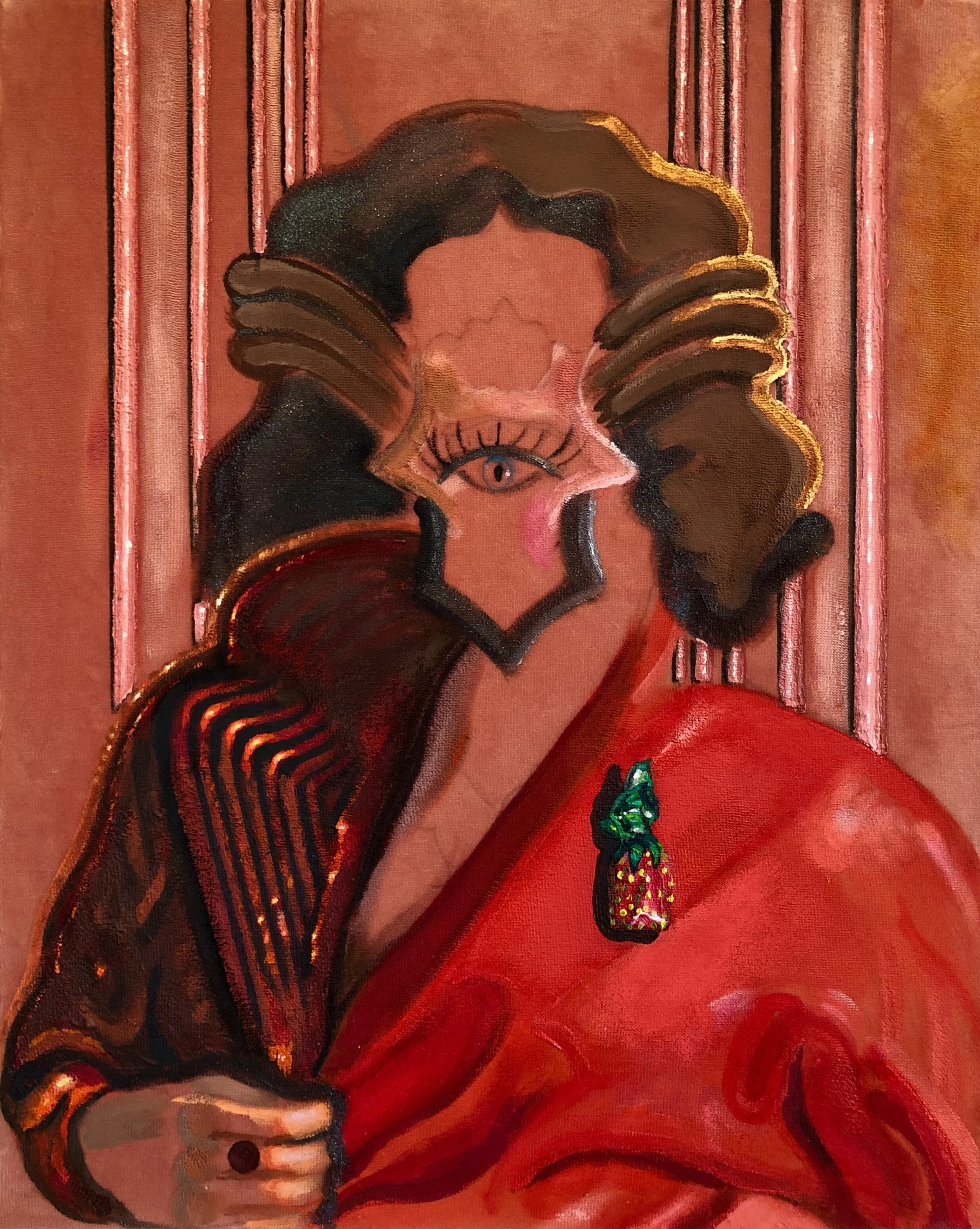 Meg Franklin, Meeting Time with Fruit (2019) Oil and acrylic on velvet, 20 x 16 in. Courtesy of Andrew Sendor Presents… and the artist.