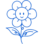 Simple blue line drawing of a smiling flower with eight petals, two leaves, and a stem on a black background.