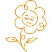 Orange line drawing of a smiling flower with closed eyes on a black background.