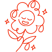 Red neon-style illustration of a smiling flower with closed eyes, leaves, and small sparkling stars on a black background.