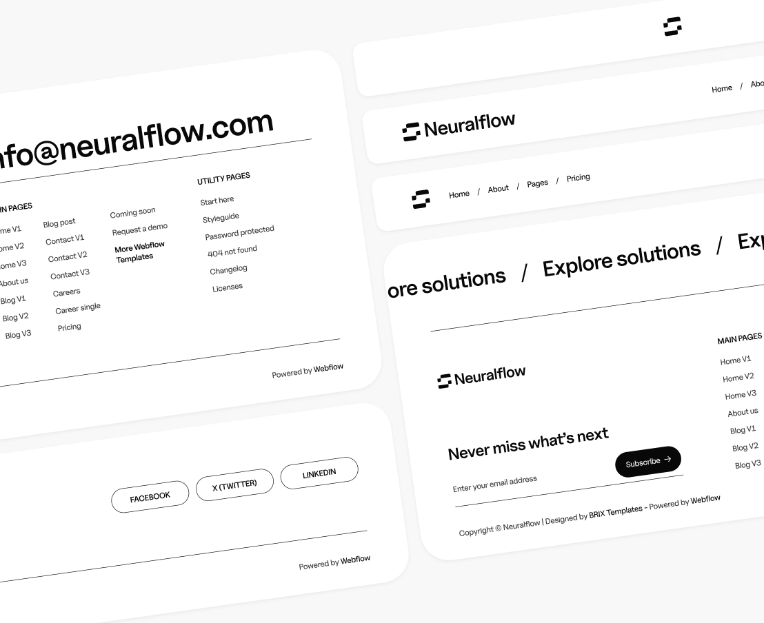 Neuralflow - 3 Headers Footers - AI Solutions Webflow Template | BRIX Template