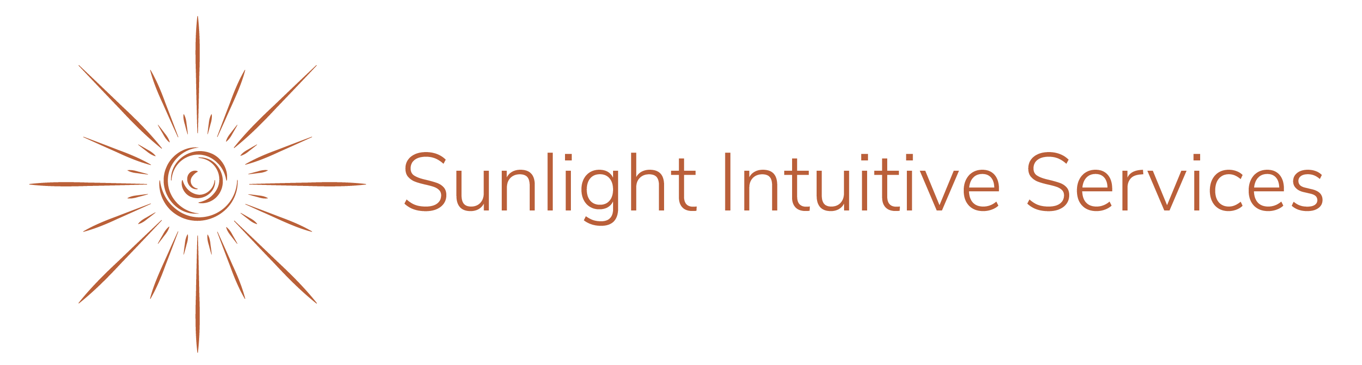 Logo with sun design and spiral out center design in burnt orange with business title sunlight intuitive services 