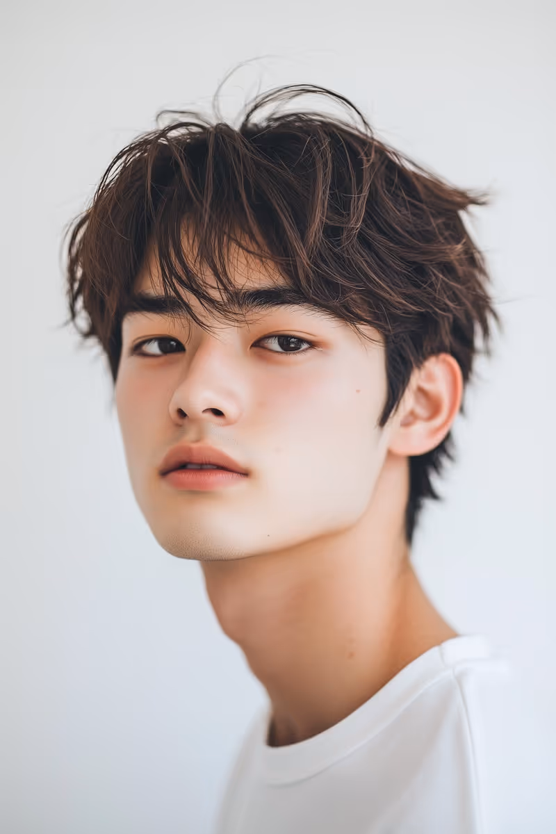 Young man with tousled dark hair wearing a white shirt against a plain light background.