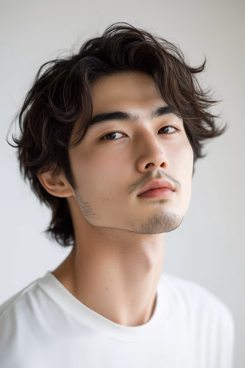 Portrait of a young man with tousled dark hair and faint facial hair wearing a white shirt against a plain background.
