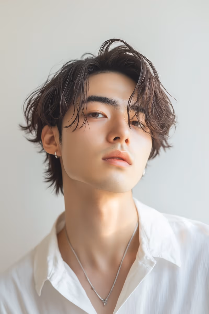 Close-up of a young man with tousled hair wearing a white shirt and silver necklace against a neutral background.