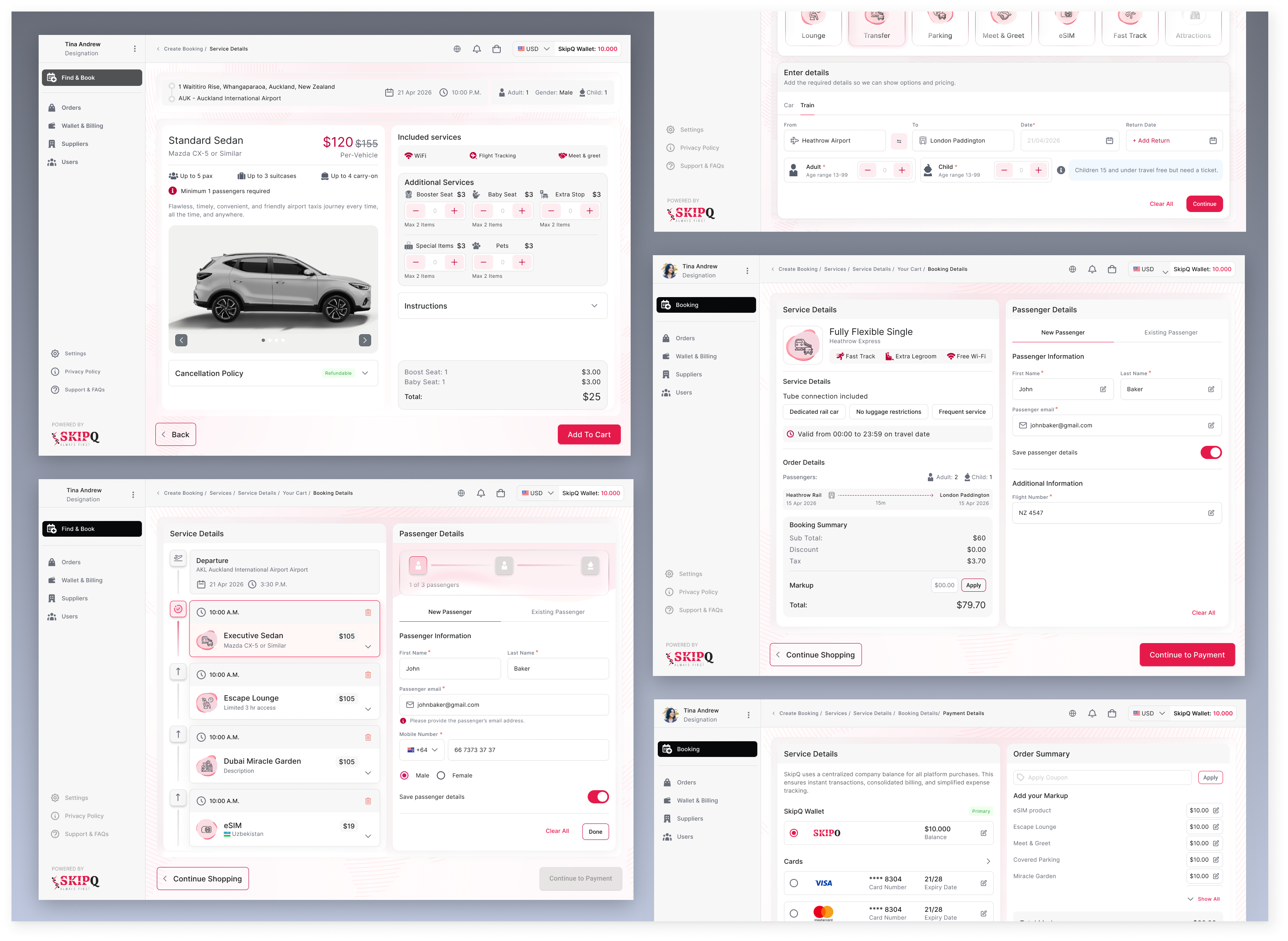 SkipQ multi-service airport booking experience