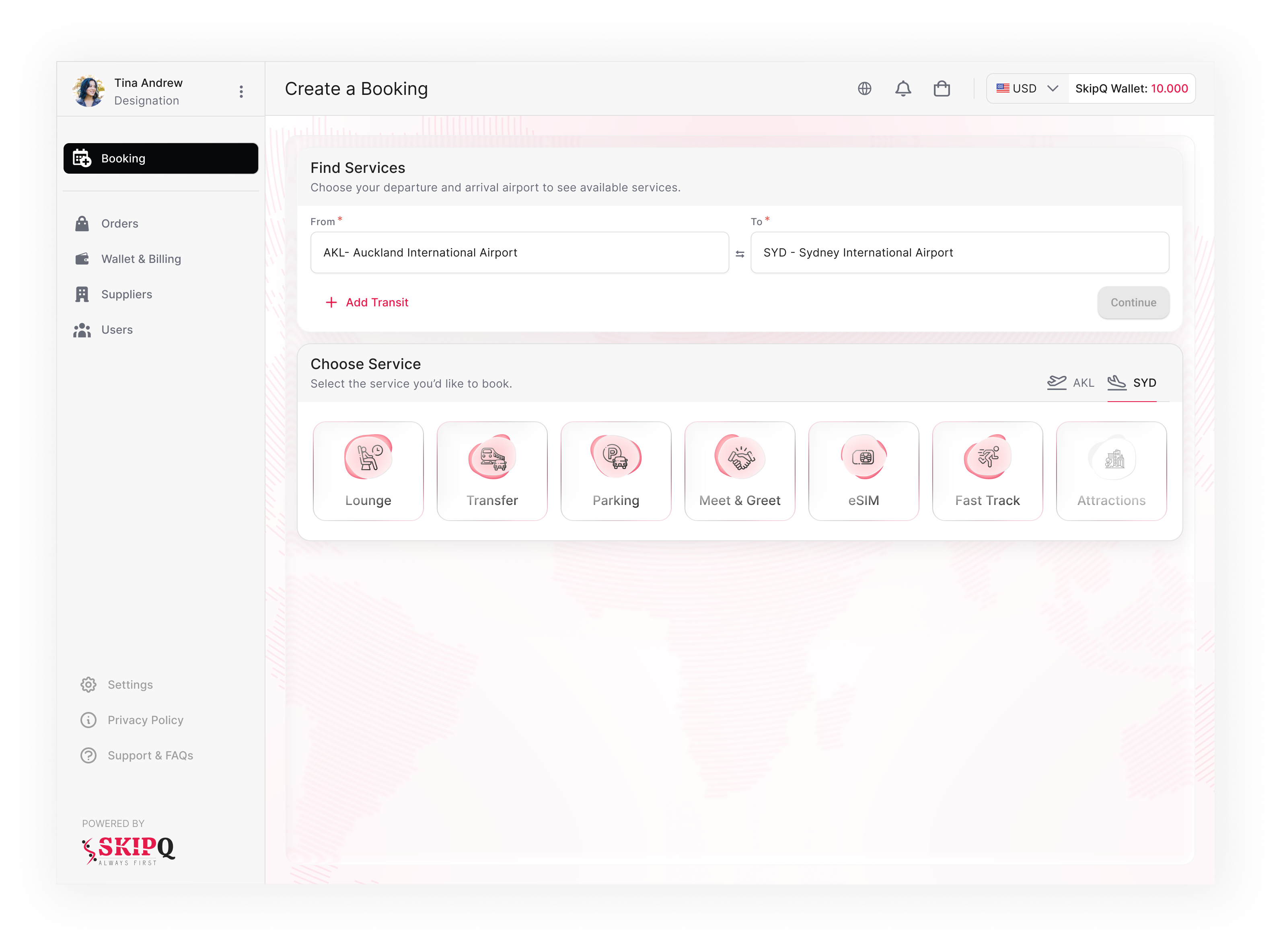 SkipQ active service booking screen