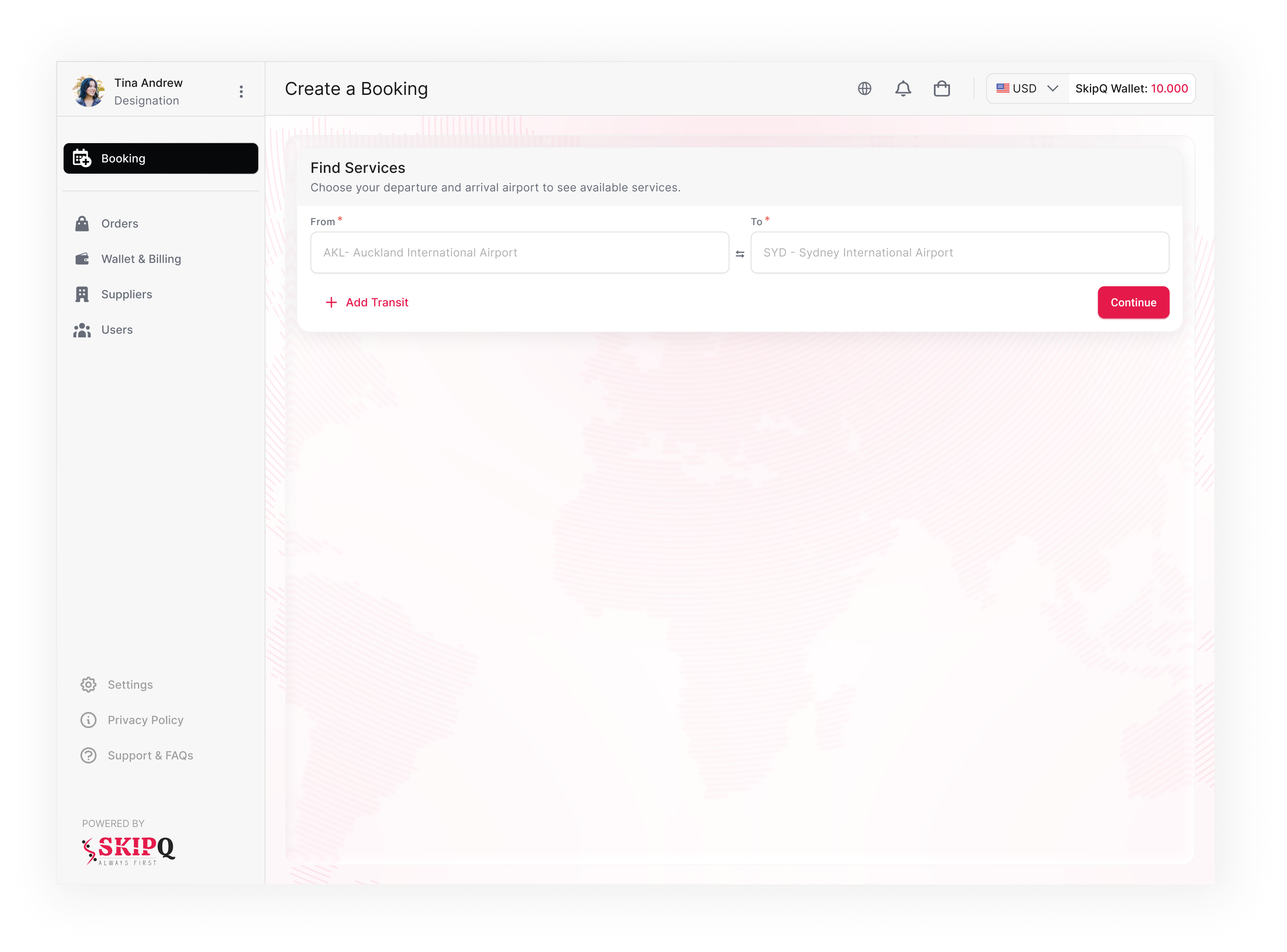 SkipQ airport service selection interface
