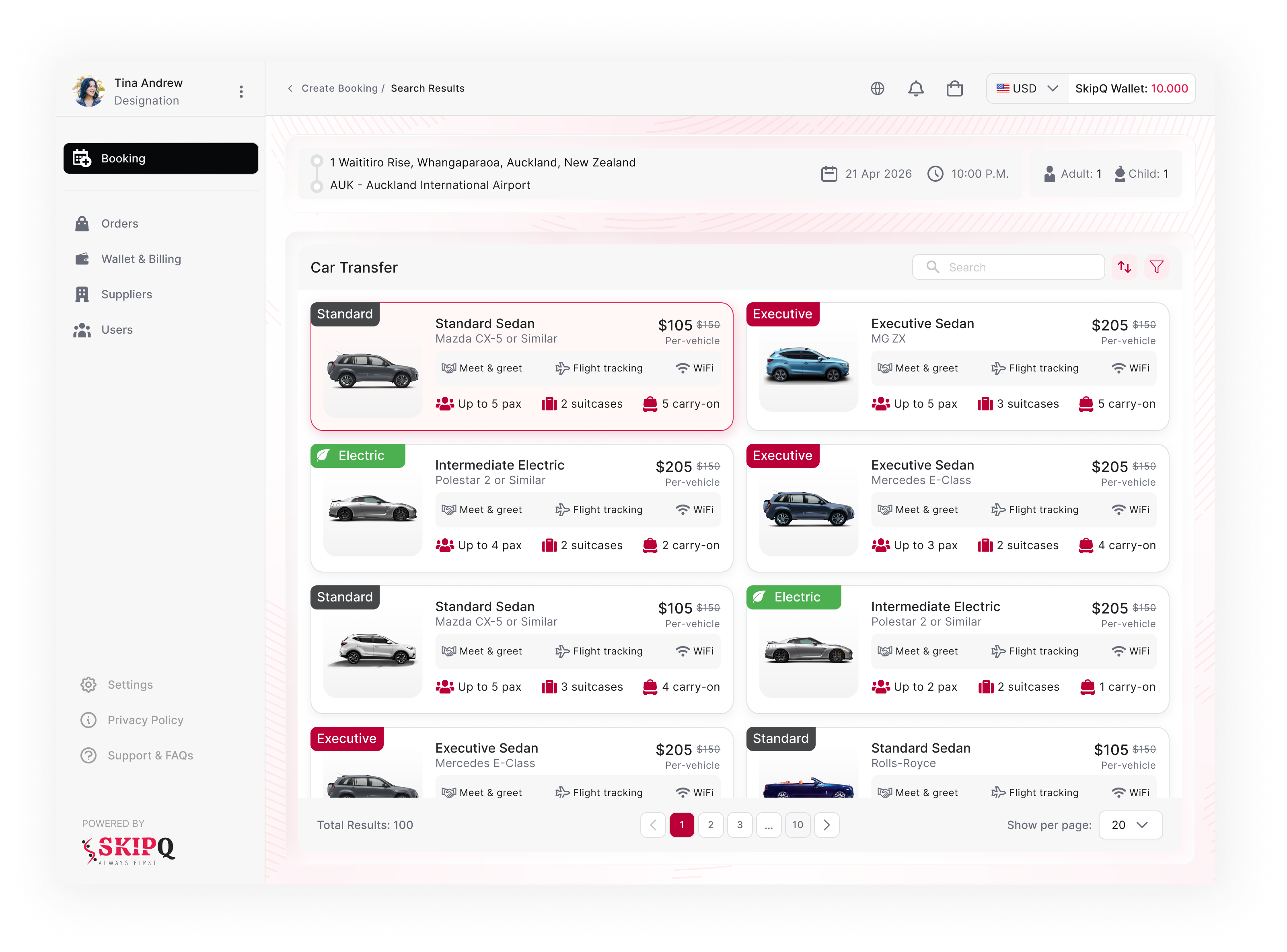SkipQ airport transfer search interface
