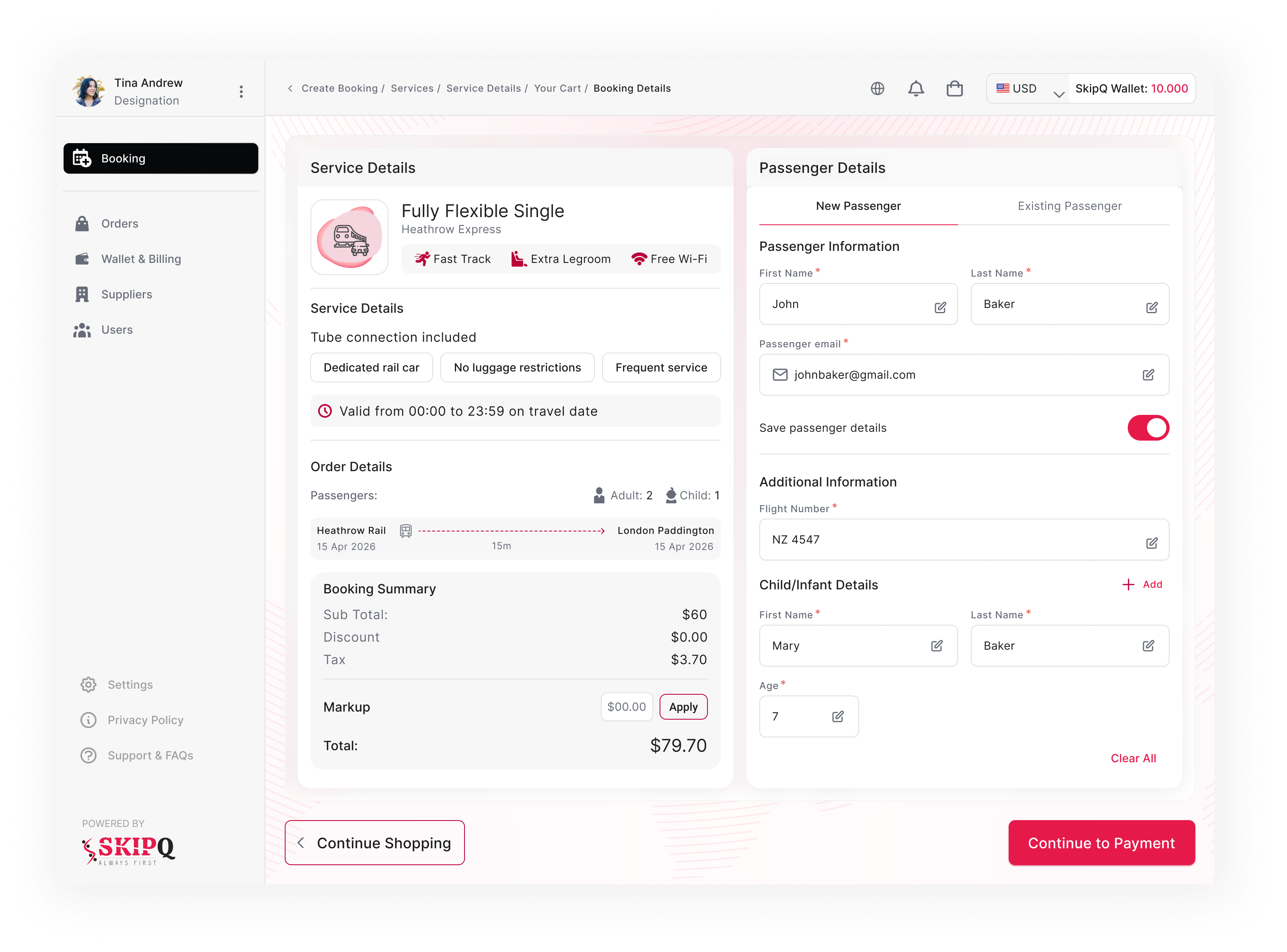 SkipQ single-service passenger details