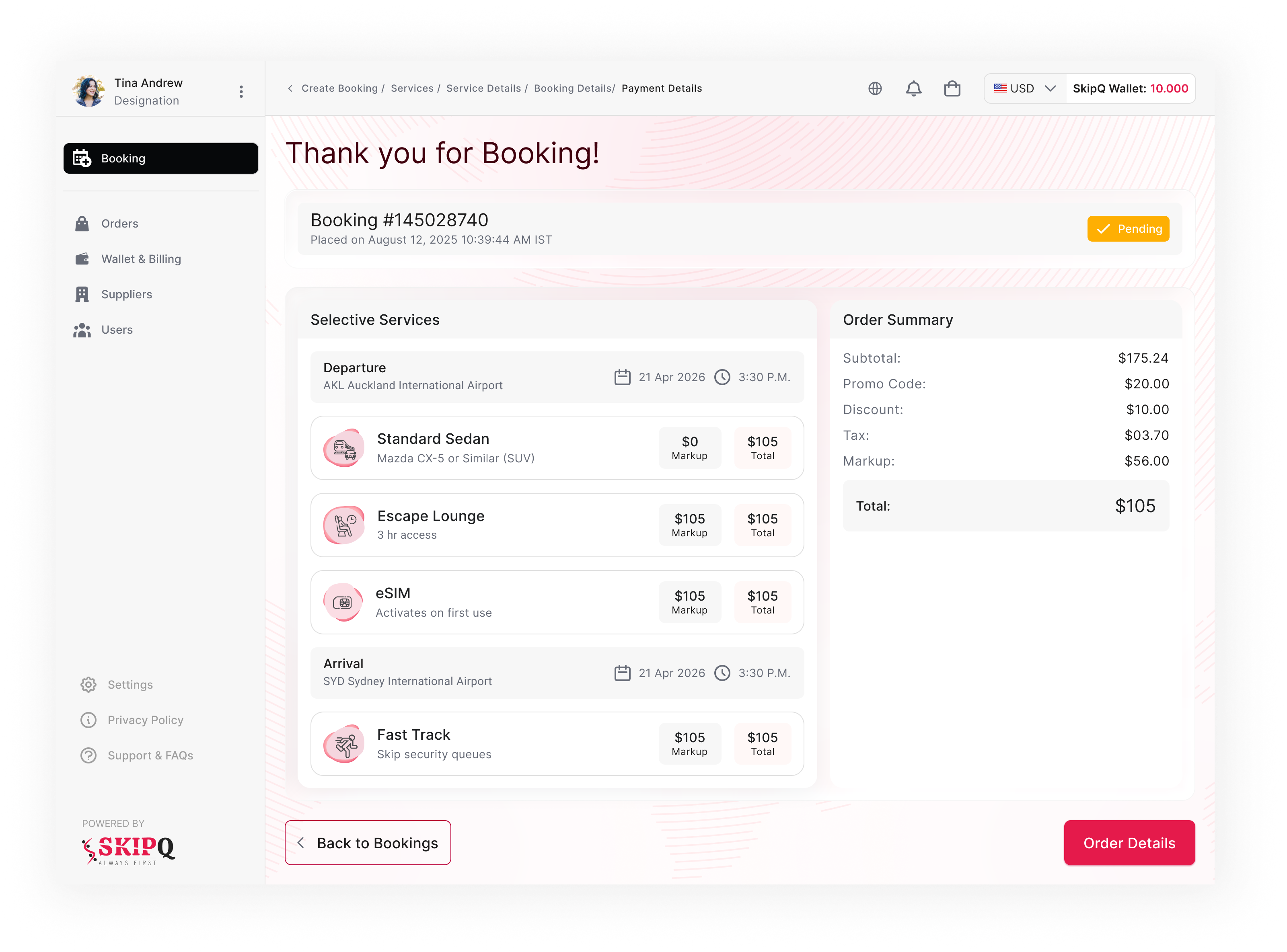 SkipQ booking confirmation interface