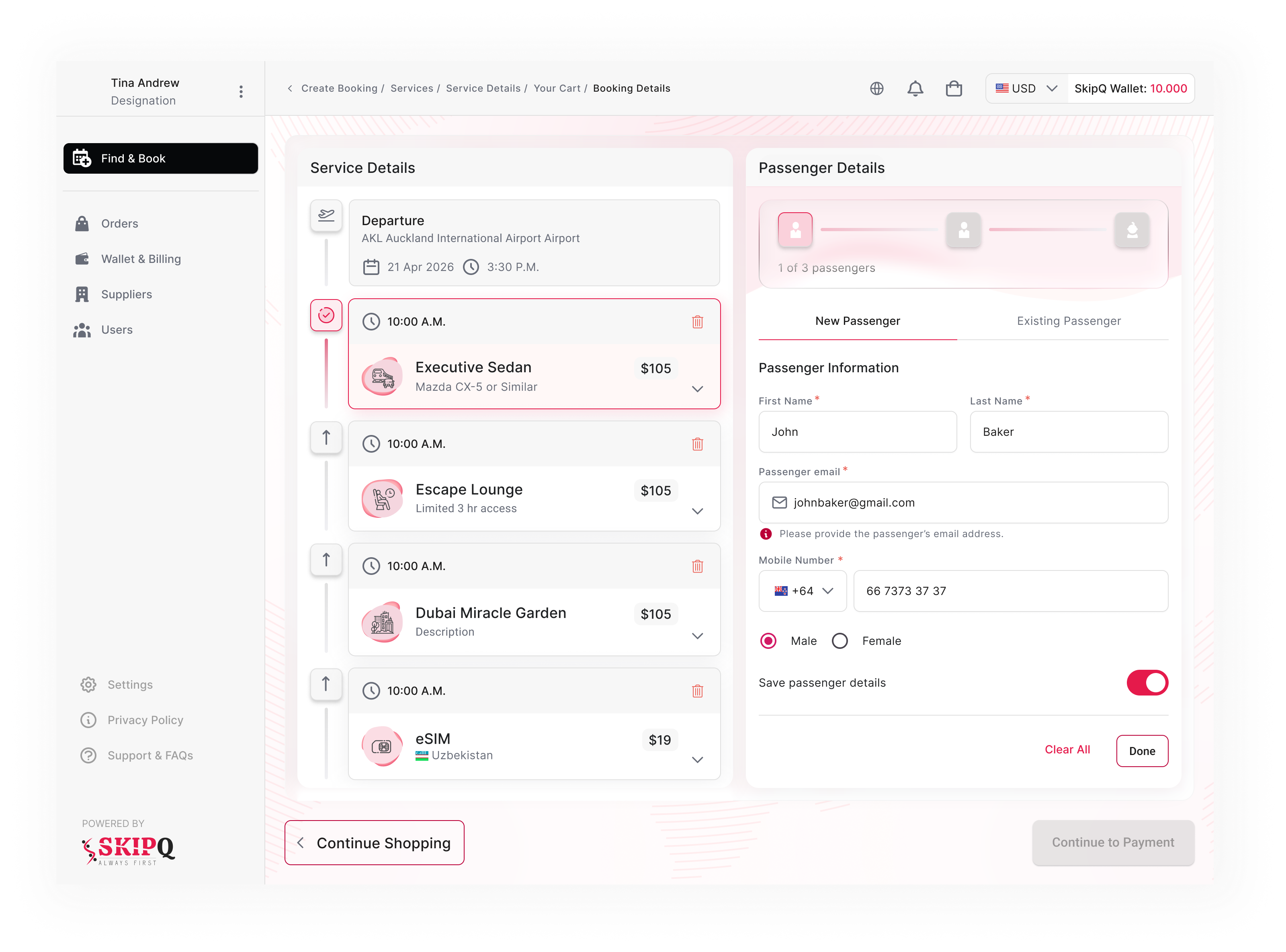 SkipQ multi-service passenger details