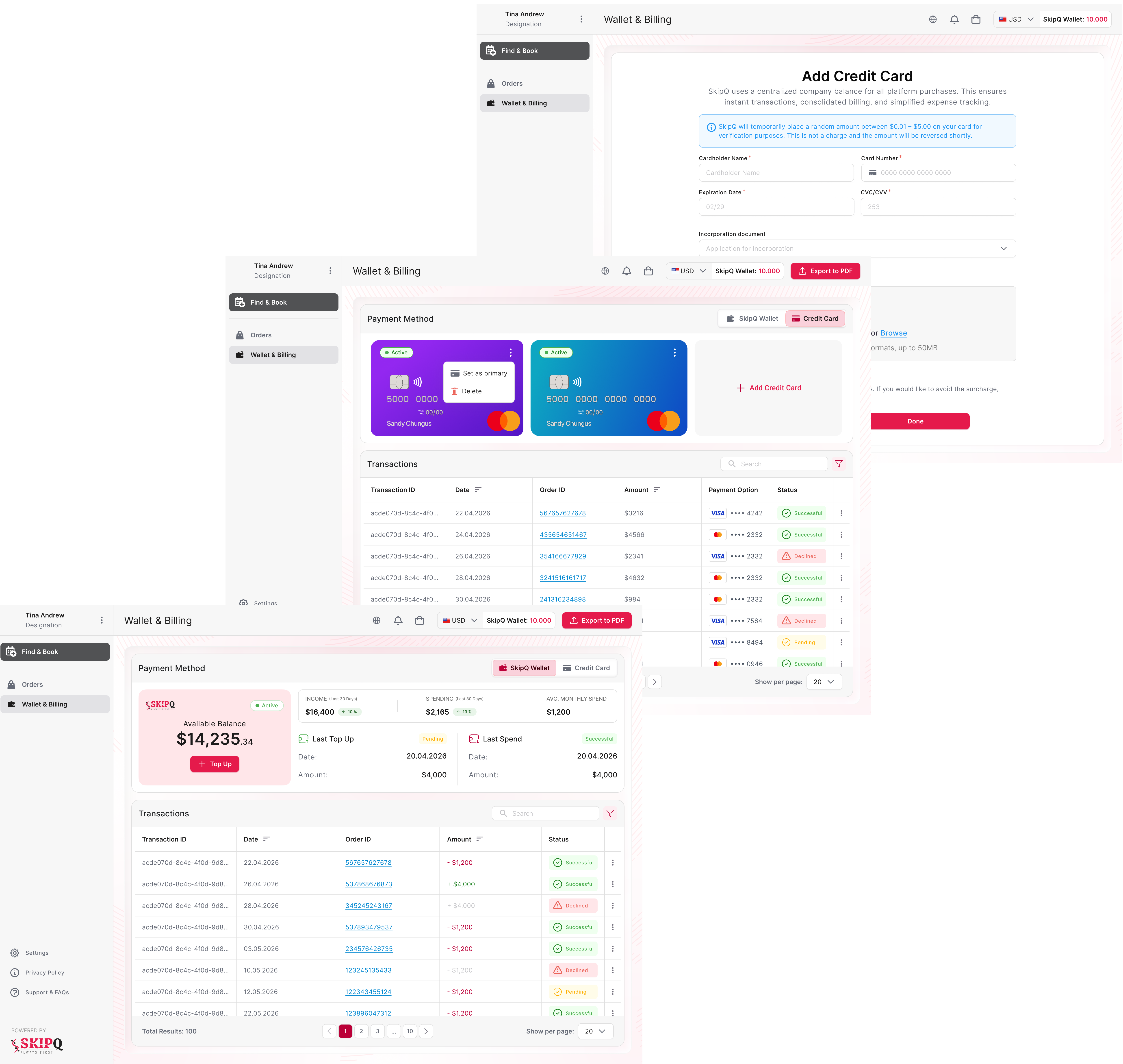 SkipQ wallet and billing interface