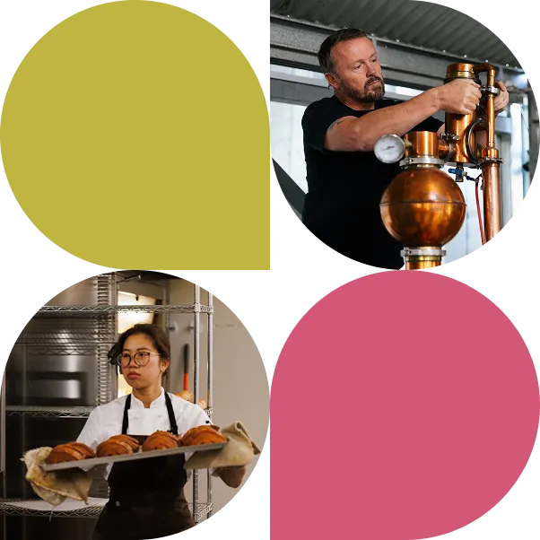 Man adjusting copper distillation equipment in an industrial setting above, woman holding a tray of freshly baked croissants in a bakery below.