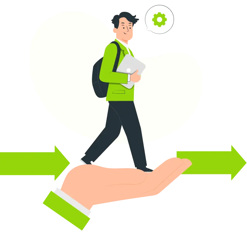 Illustration of a student with a backpack walking forward, accompanied by a green arrow pointing right, symbolizing career development.