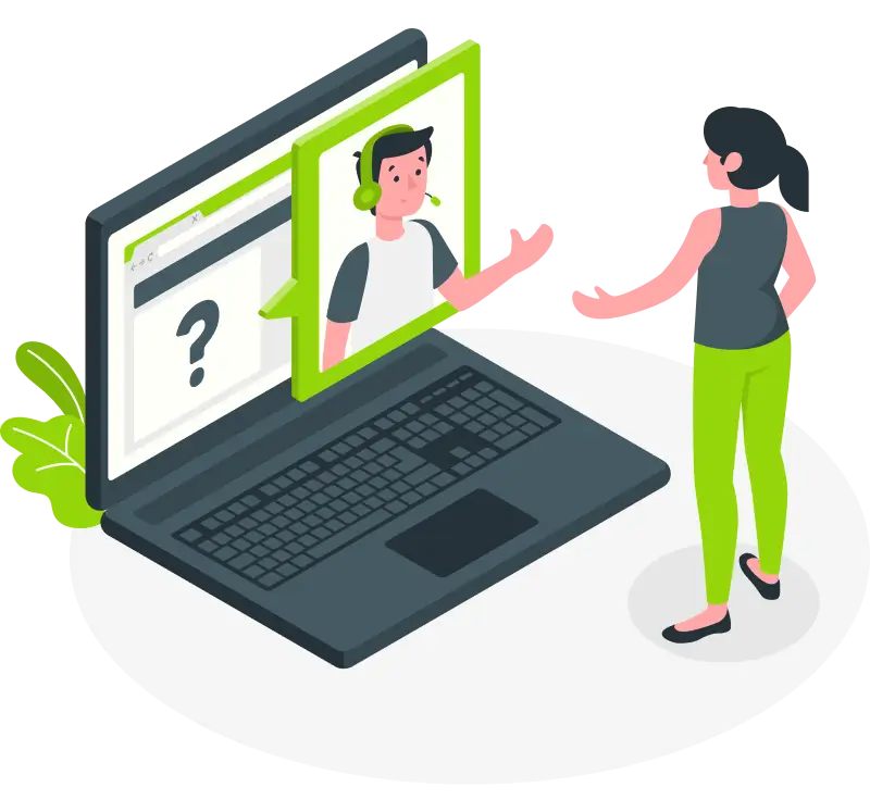 Illustration of an online tutor conducting a one-on-one class via laptop with a student in a virtual learning environment.