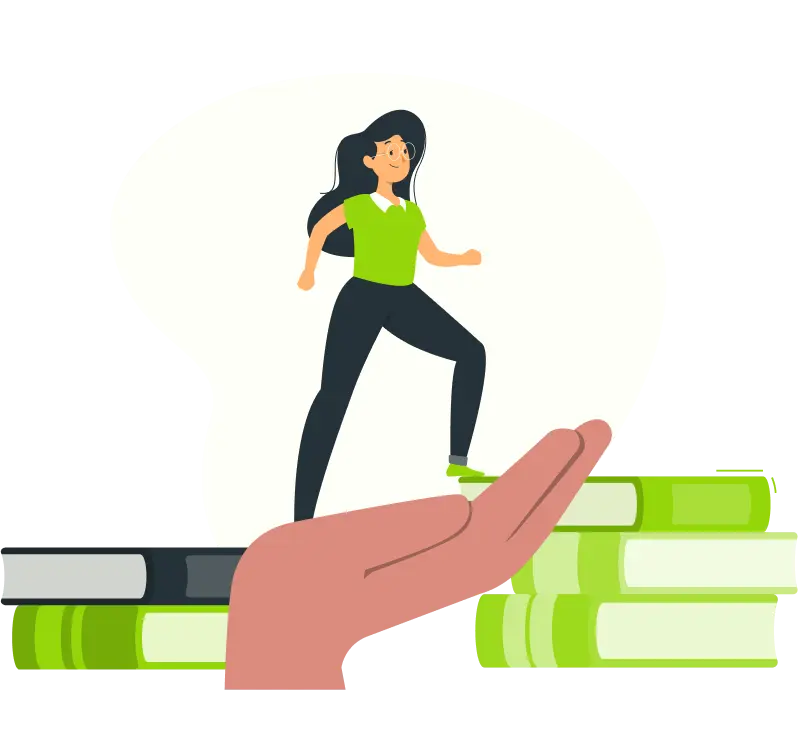 An illustration showing a hand with books and a student in motion, representing confidence built through online tutor support.