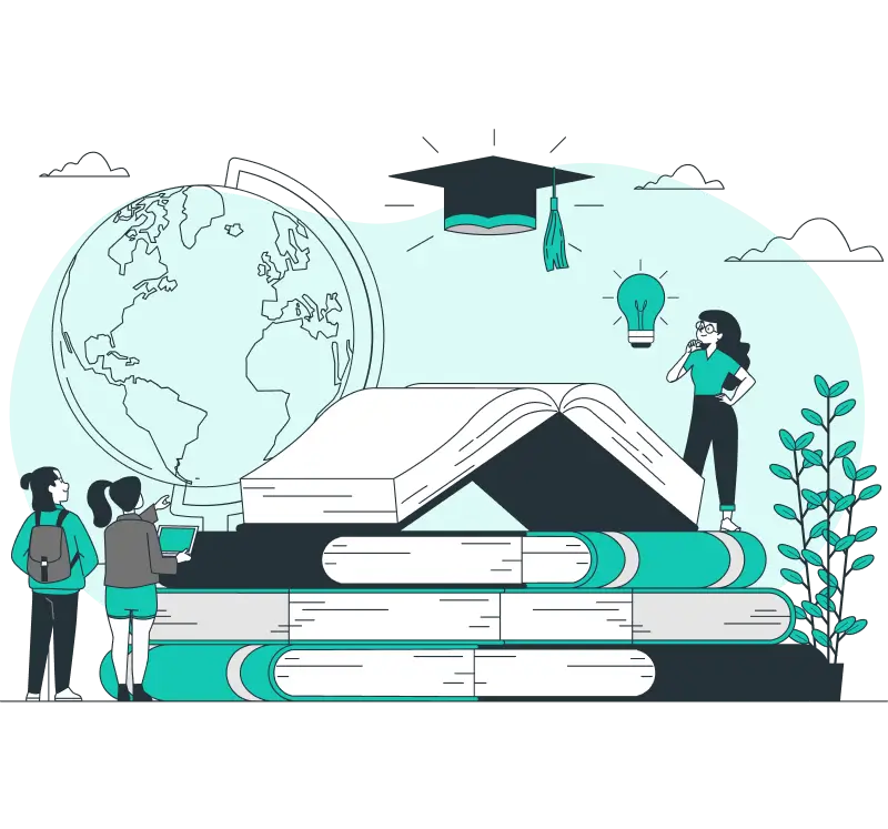 Illustration of students on books with a globe and graduation hat, symbolizing online tutoring and real-world learning connections.