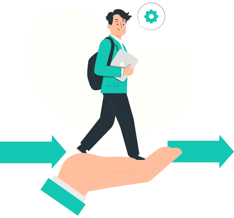 Illustration of a student with a backpack walking forward, accompanied by a green arrow pointing right, symbolizing career development.