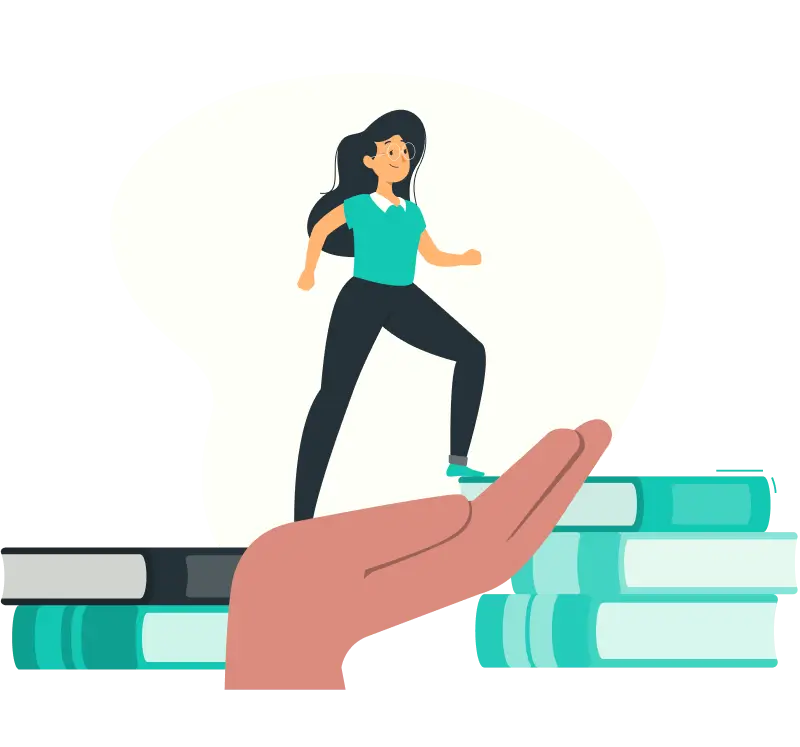 An illustration showing a hand with books and a student in motion, representing confidence built through online tutor support.