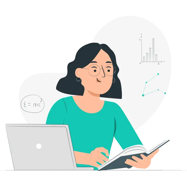 Illustration of a student at a desk, focused on her laptop and book, engaged in memorizing content from her textbooks.