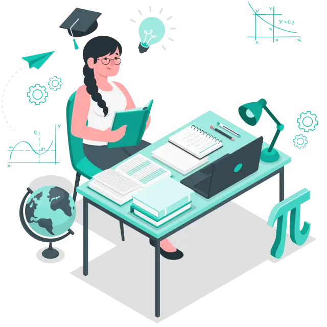 Illustration of a student studying at a desk with a book, focused on her goal of university acceptance.